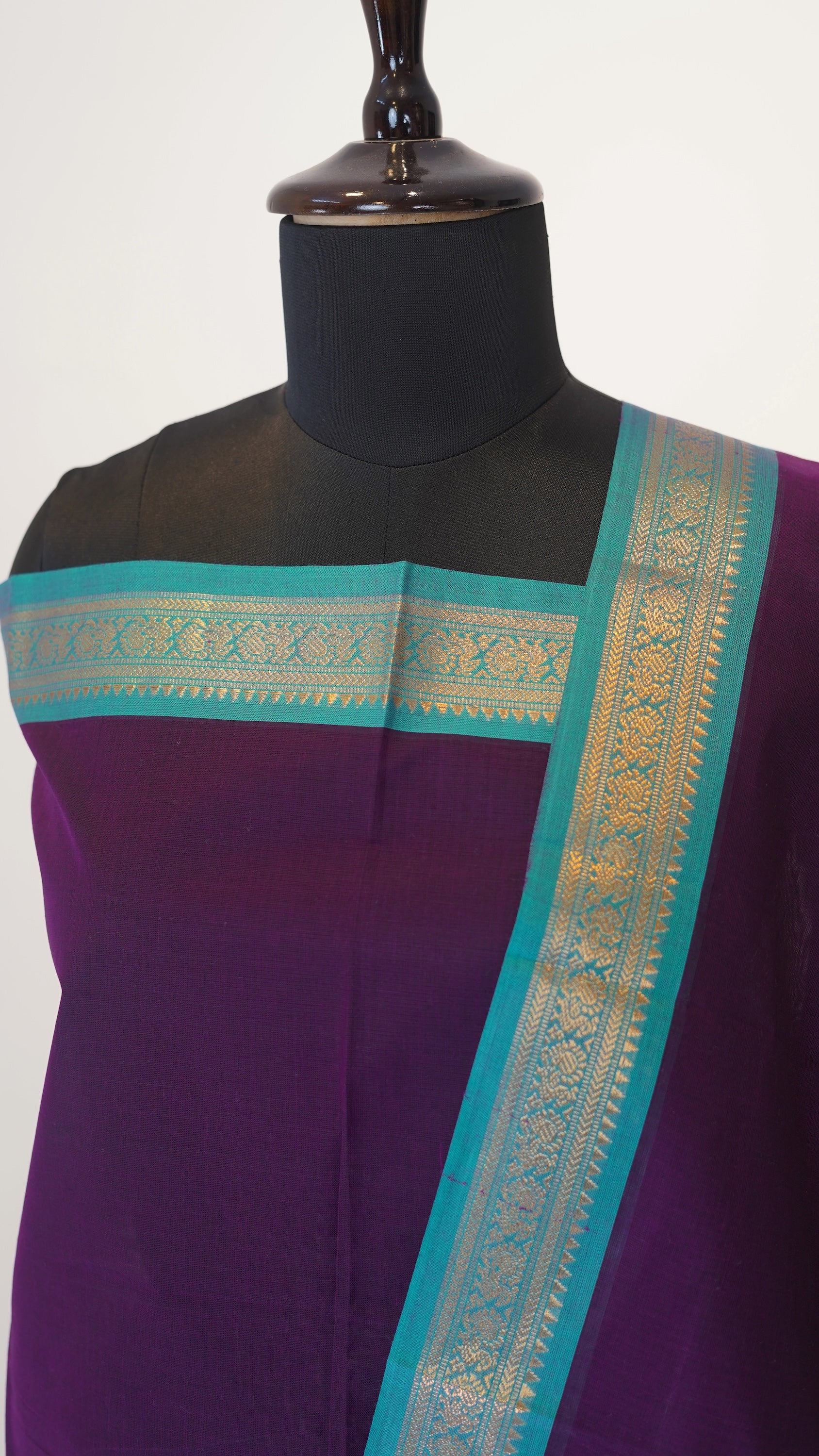 Dark Purple with Teal Green Border Chettinad Cotton Unstitched Salwar Suit - #NC121