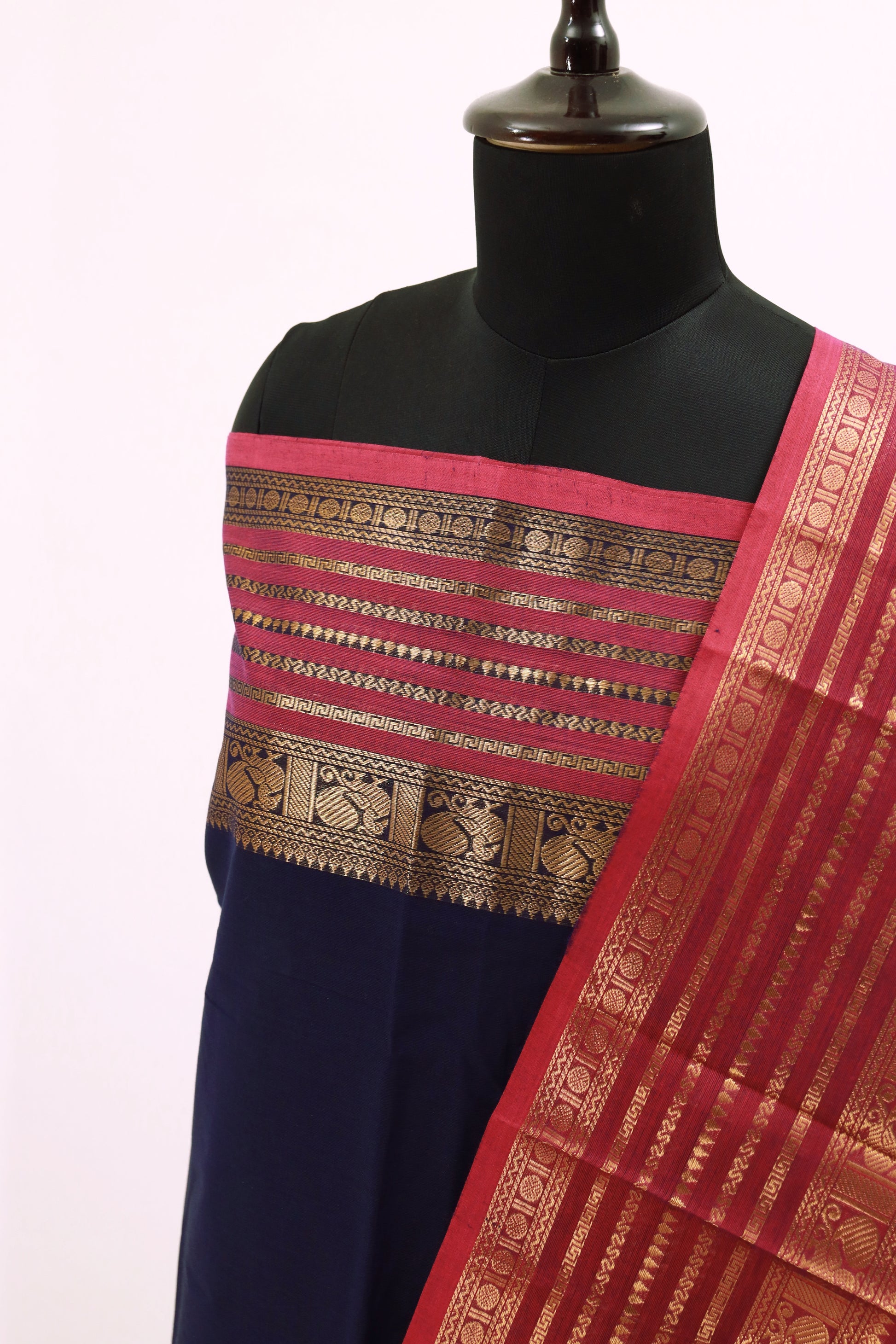 Navy Blue with Pink  Chettinad Cotton Unstitched Salwar Suit - #NC135