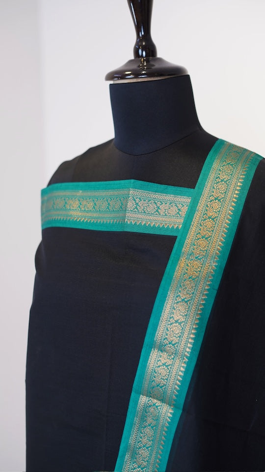 Black with Teal Green Border Chettinad Cotton Unstitched Salwar Suit - #NC117