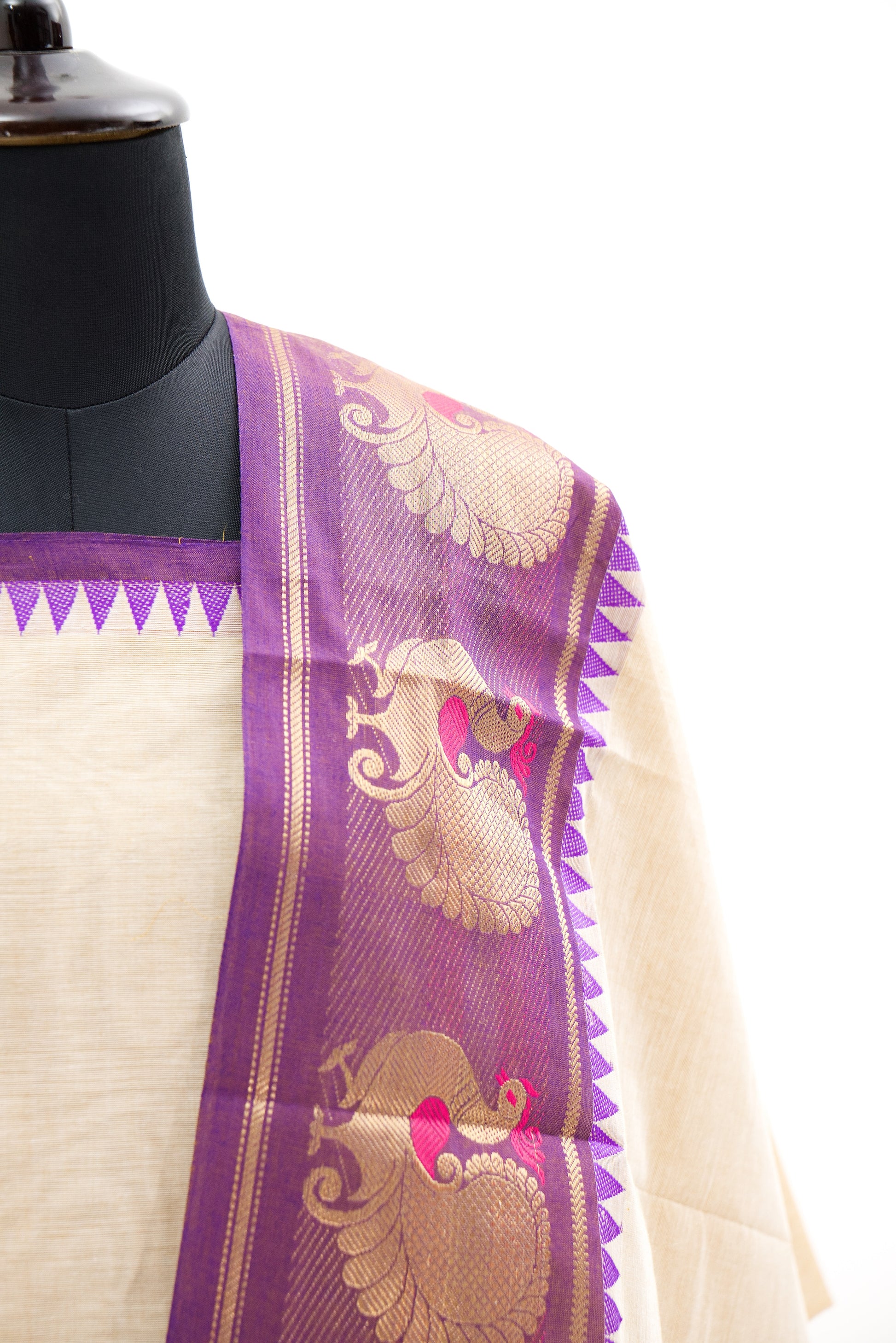 Beige with Purple border Chettinad Cotton Unstitched Salwar Suit - #NC041