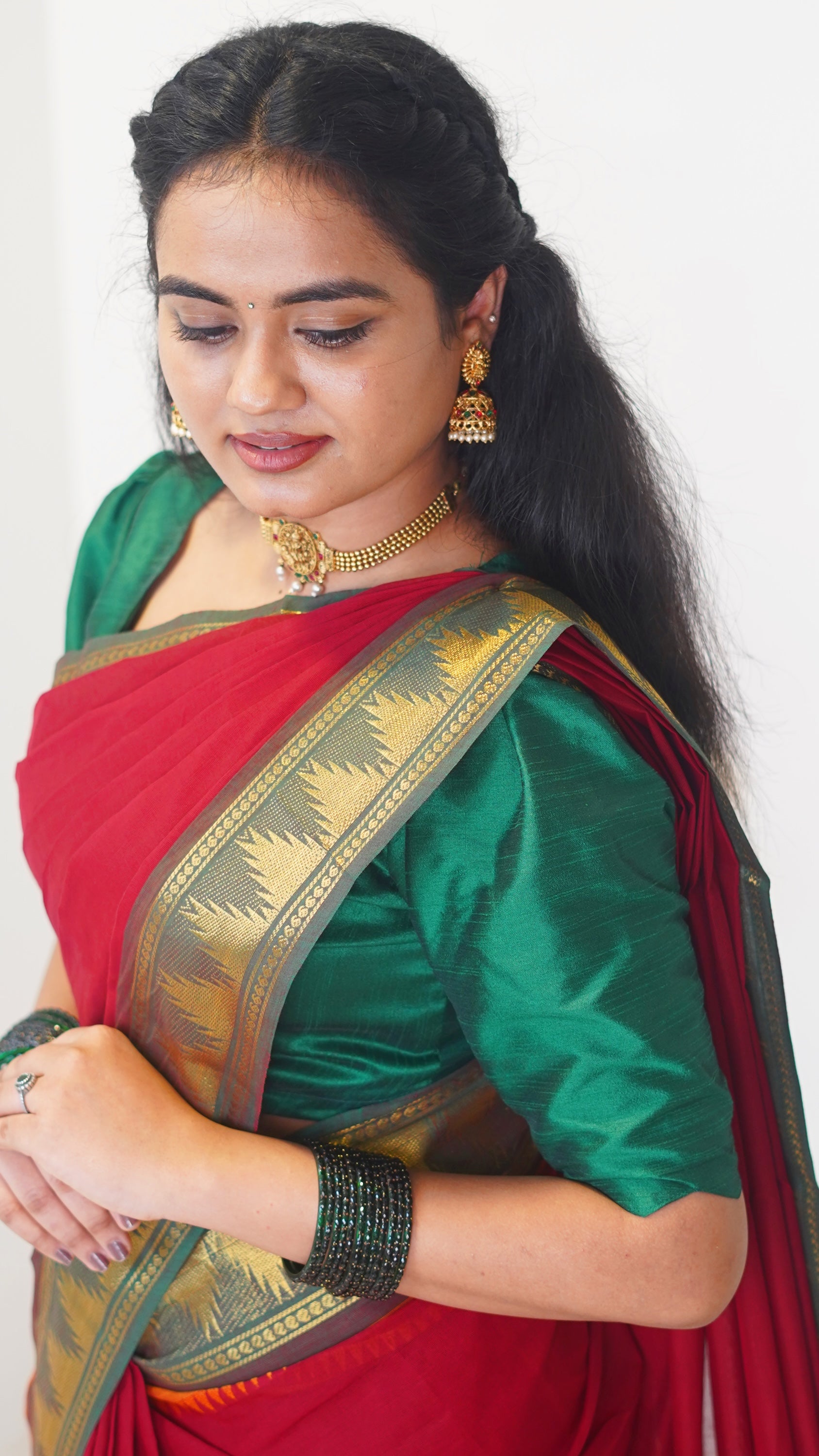 Red with Green Border Chettinad Cotton Saree-#NS026