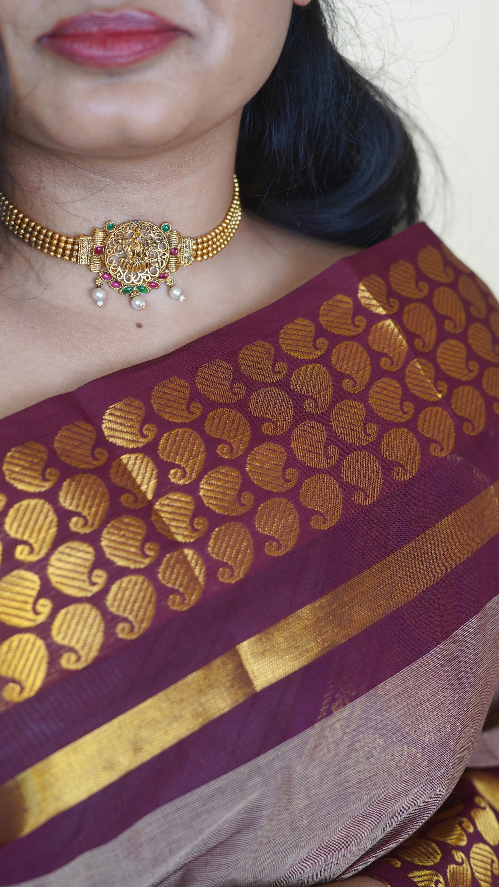 Dark Beige with Brown Border Chettinad Cotton Saree-#NS038
