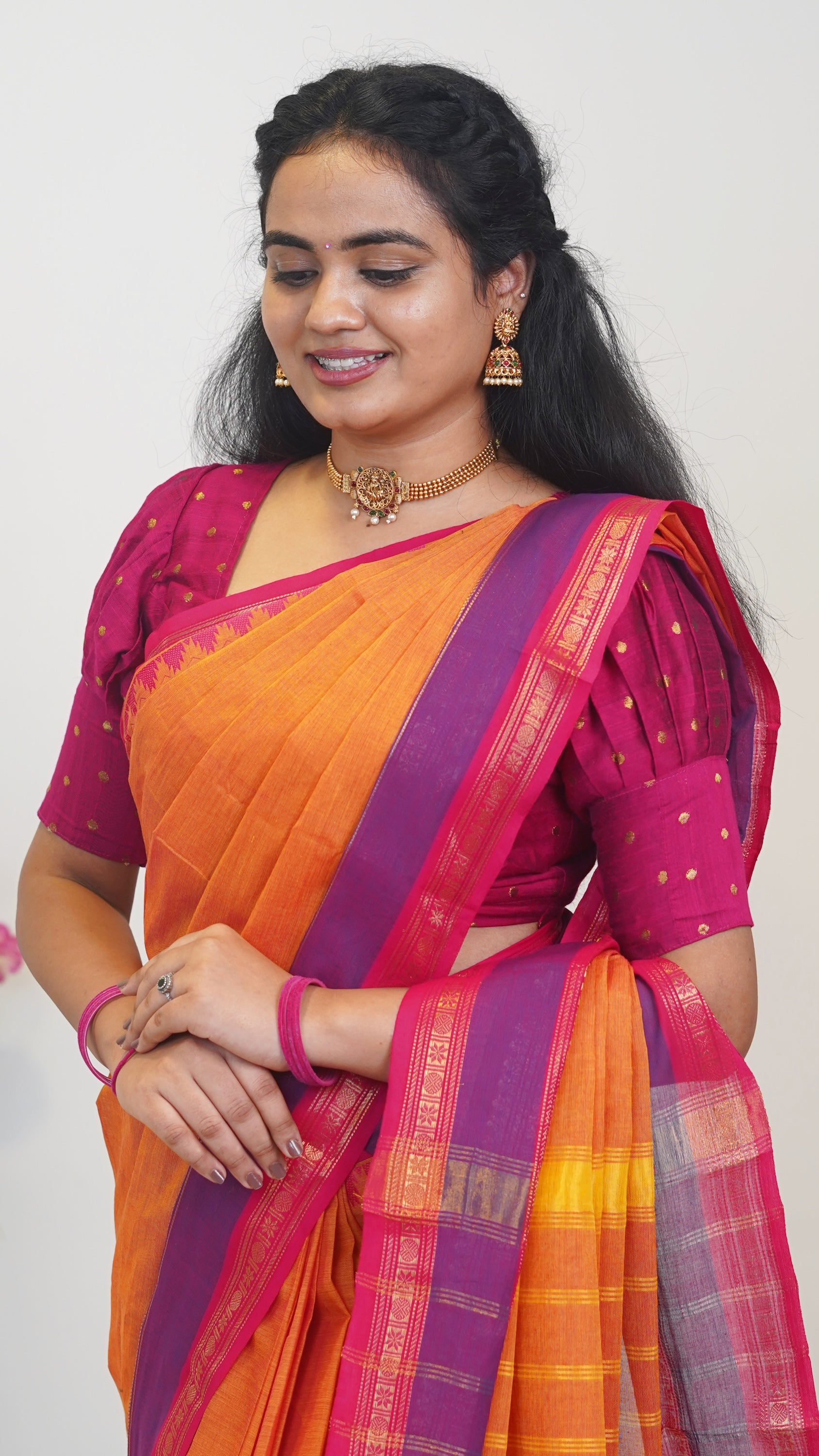 Mango with Purple and Pink Border Chettinad Cotton Saree-#NS028
