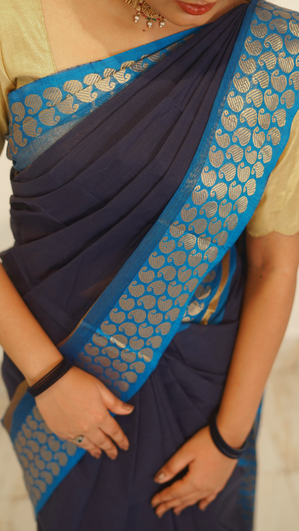 Dark Blue with Golden Manga Border Chettinad Cotton Saree-#NS029