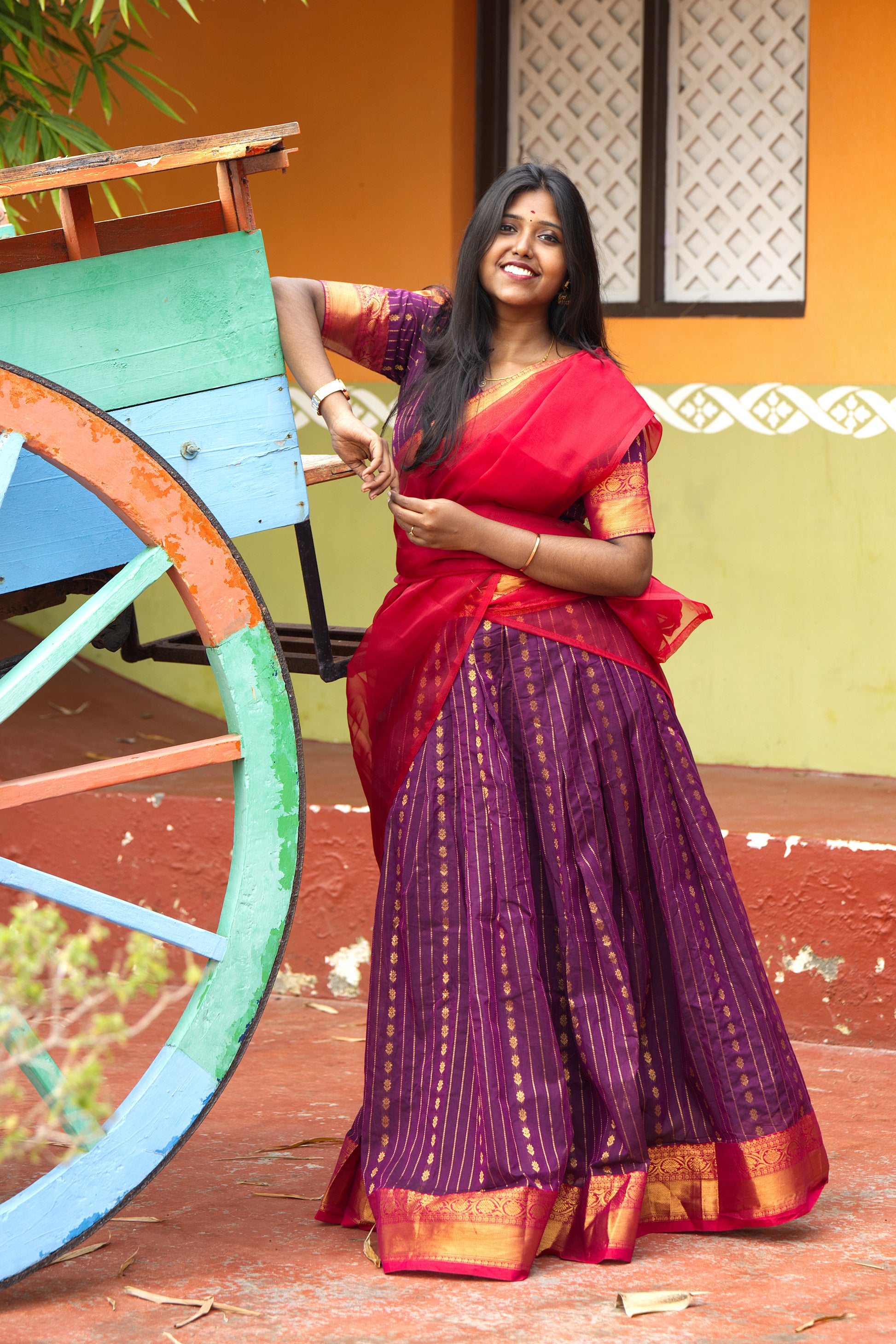 Deep Purple & Cherry Red - Chettinad Cotton Half Saree - NH002