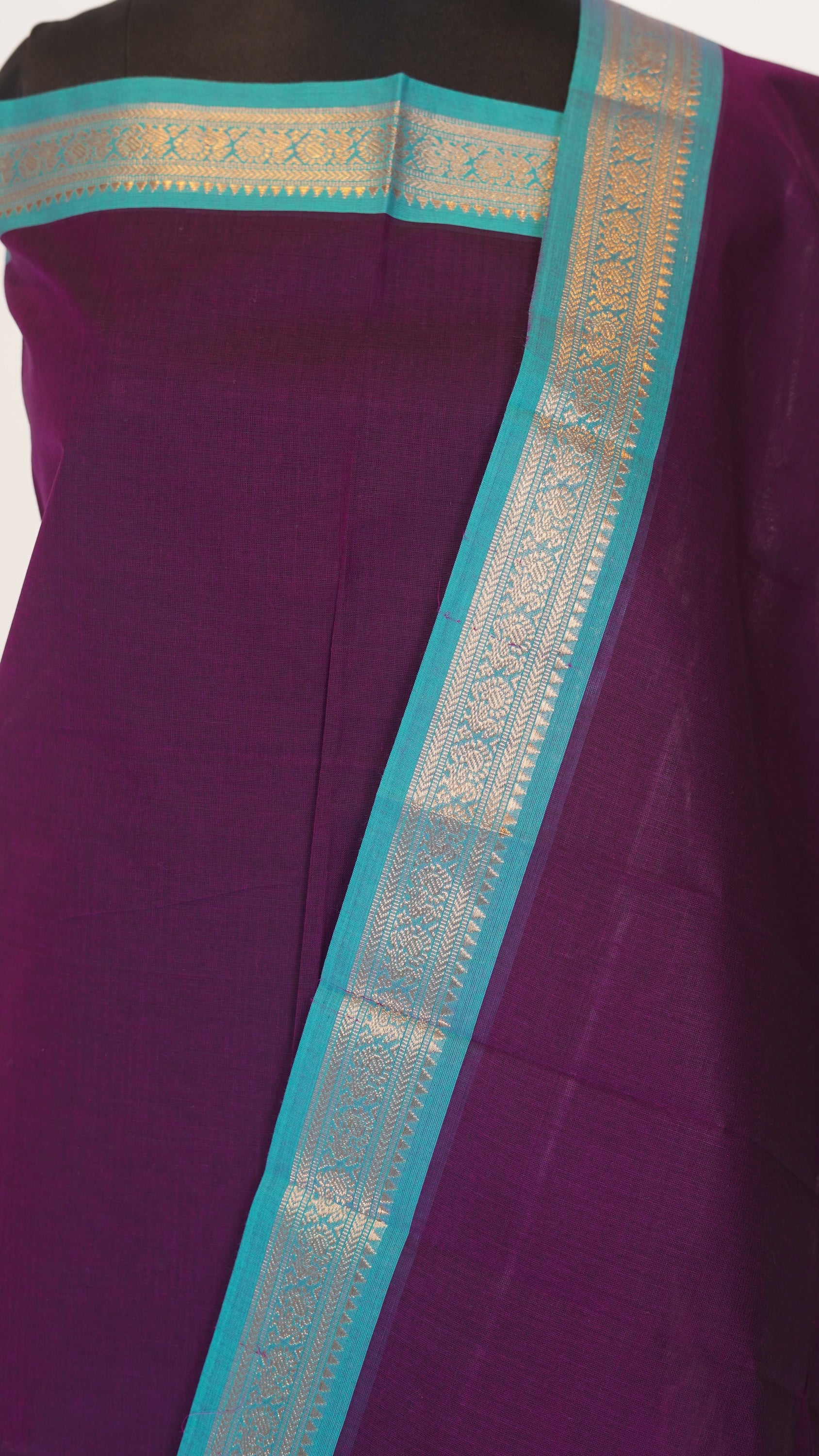 Dark Purple with Teal Green Border Chettinad Cotton Unstitched Salwar Suit - #NC121