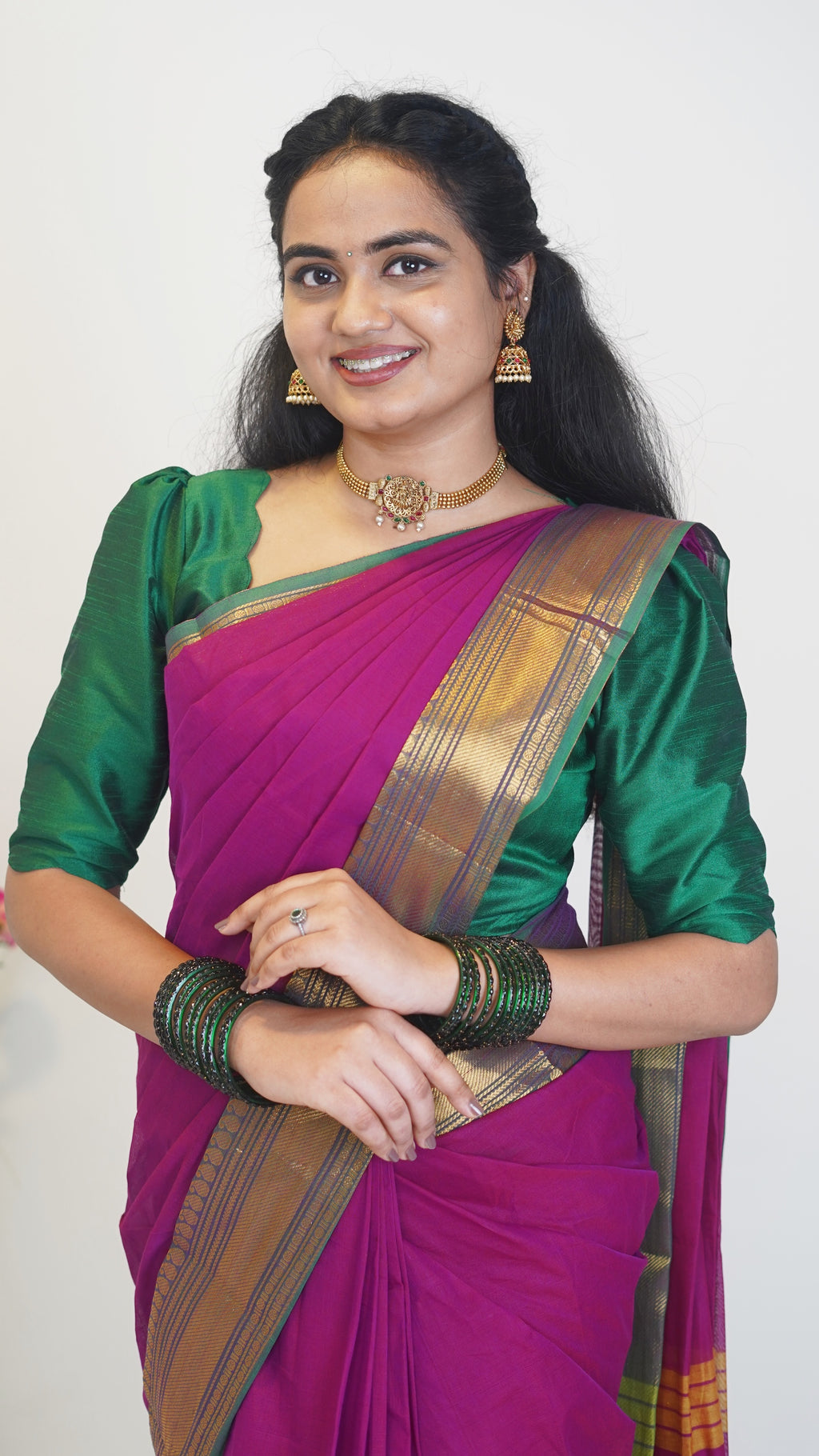 Dark onion Pink with Green Border Chettinad Cotton Saree-#NS025