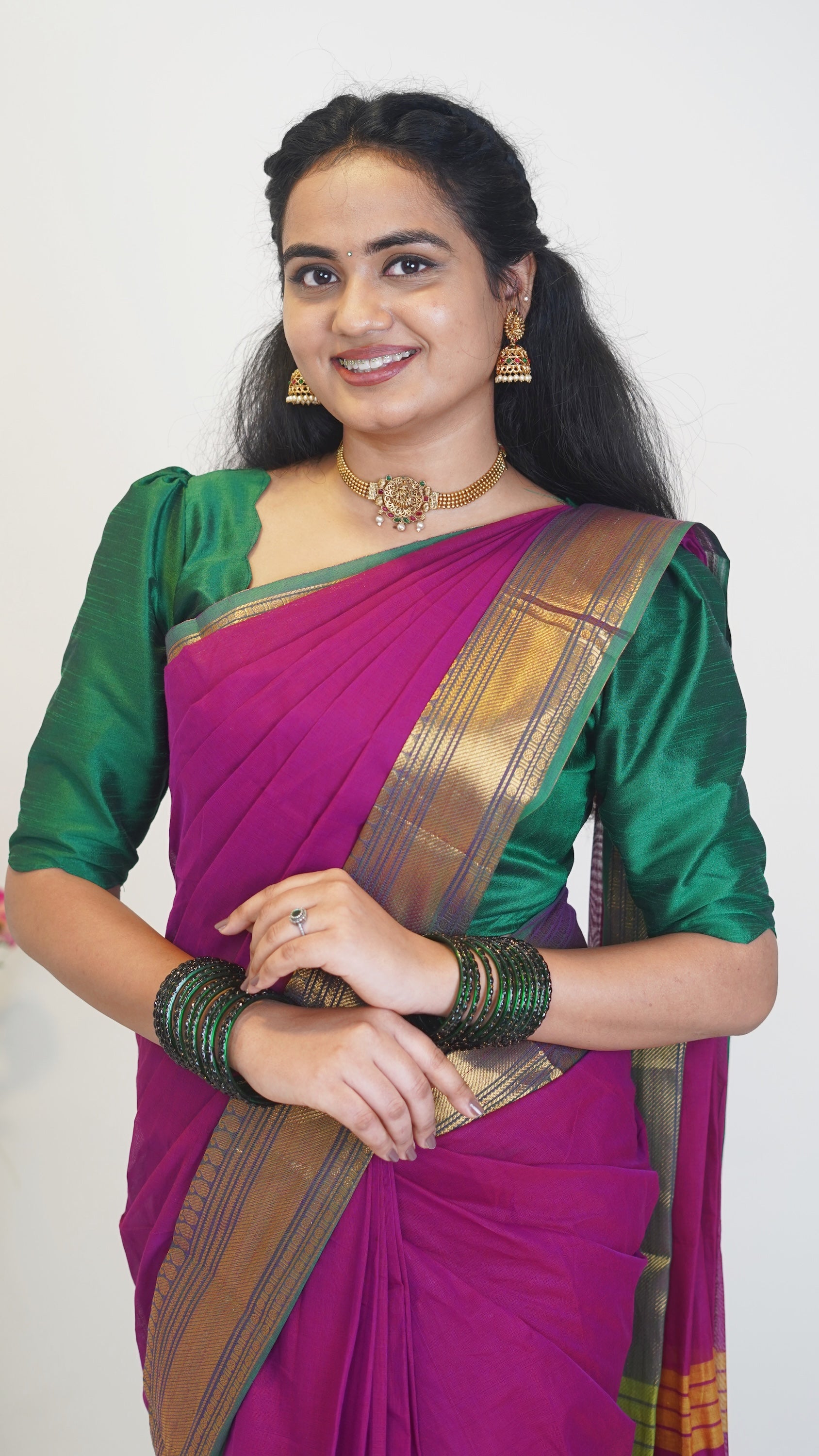 Dark onion Pink with Green Border Chettinad Cotton Saree-#NS025