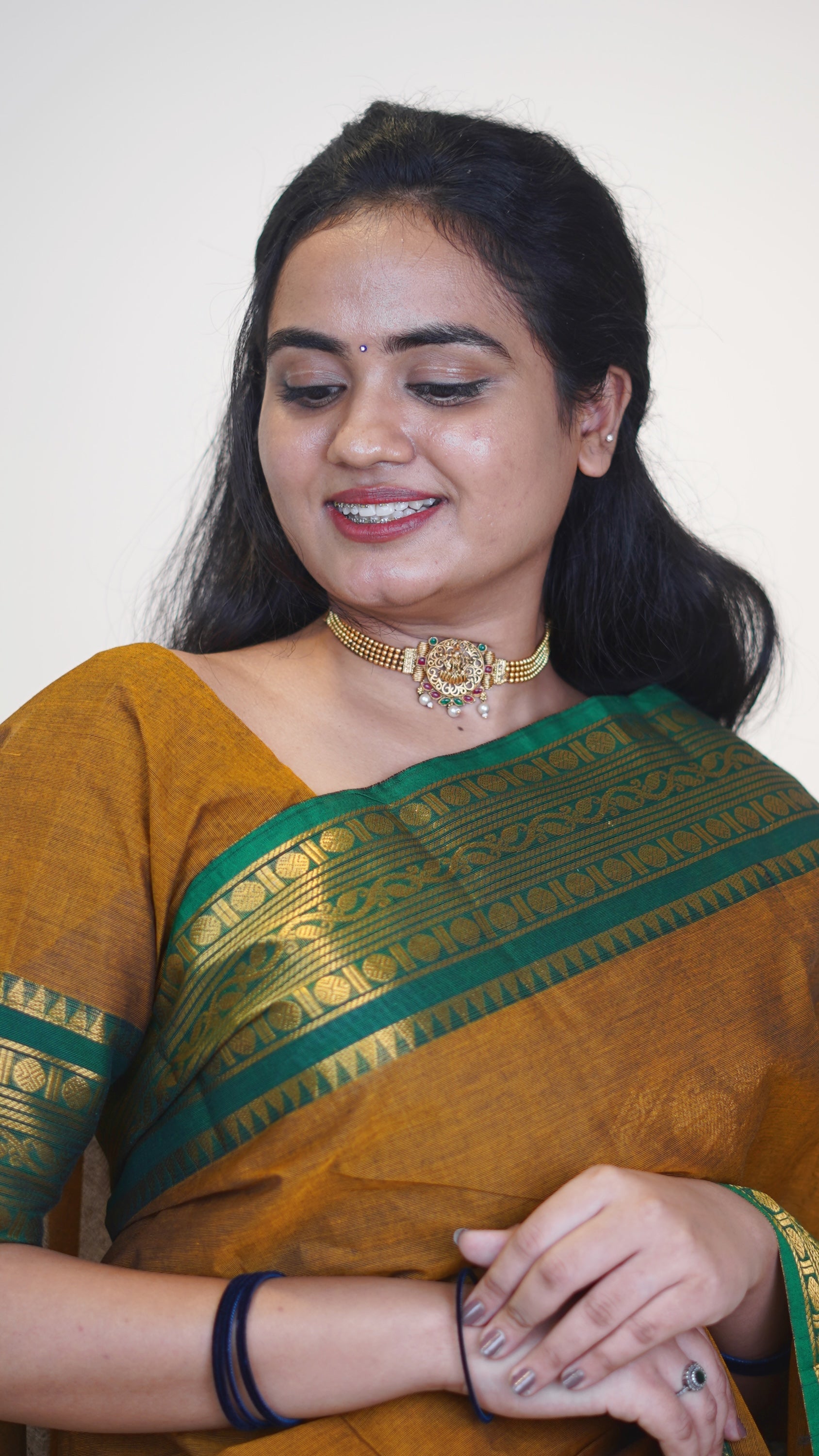 Mustard with Green Border Chettinad Cotton Saree-#NS039