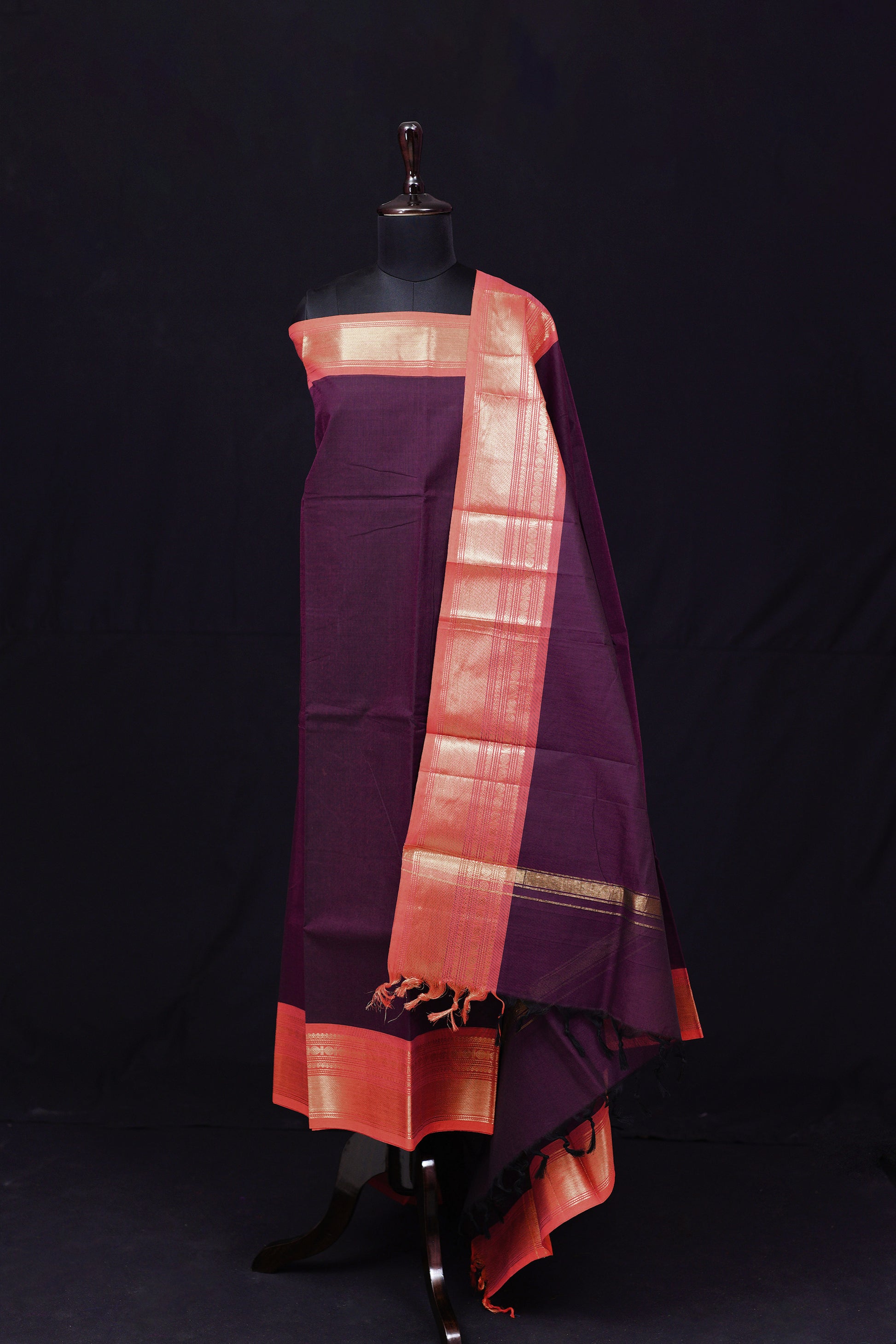 Purple and Red - Chettinad Cotton Unstitched Salwar Suit - #NC029