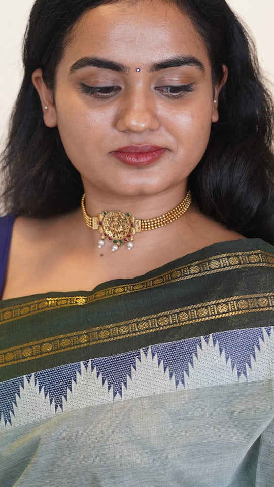 Ash Gray with Royal Blue and Green Border Chettinad Cotton Saree-#NS042