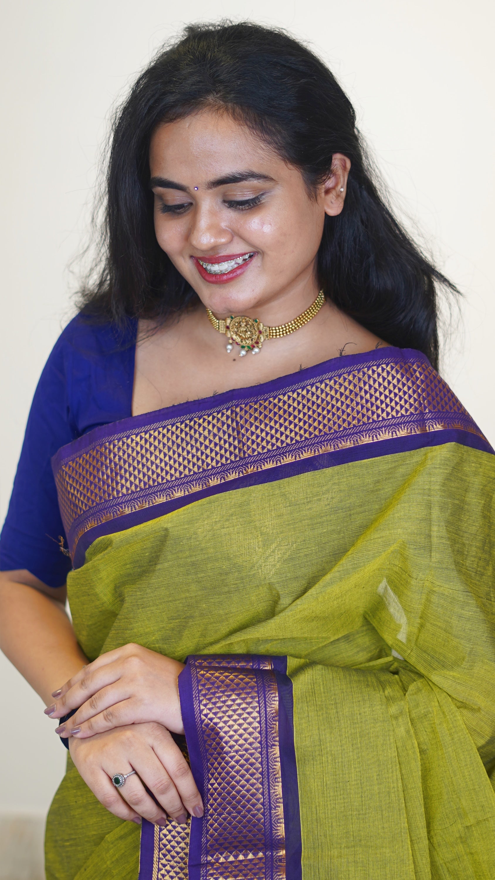 Green with Purple Border Chettinad Cotton Saree-#NS037