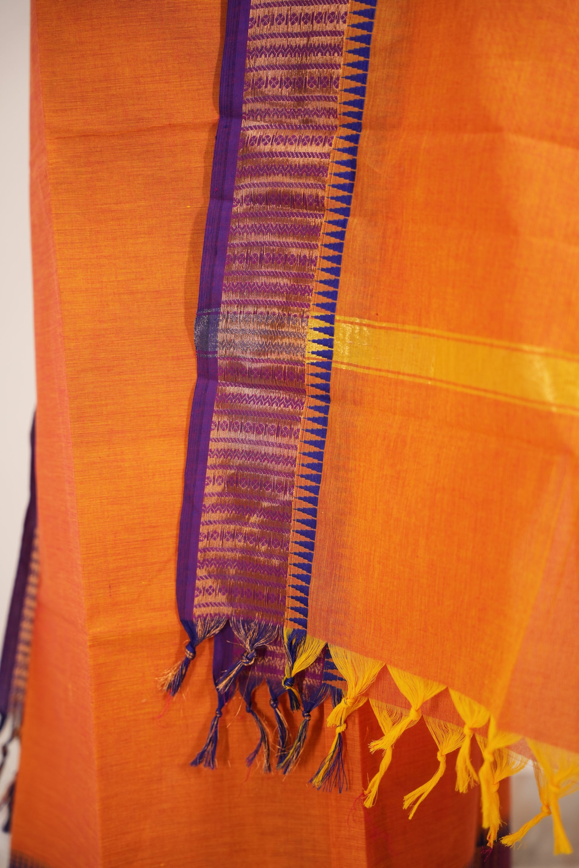 Orange with Purple Border Chettinad Cotton Unstitched Salwar Suit - #NC149