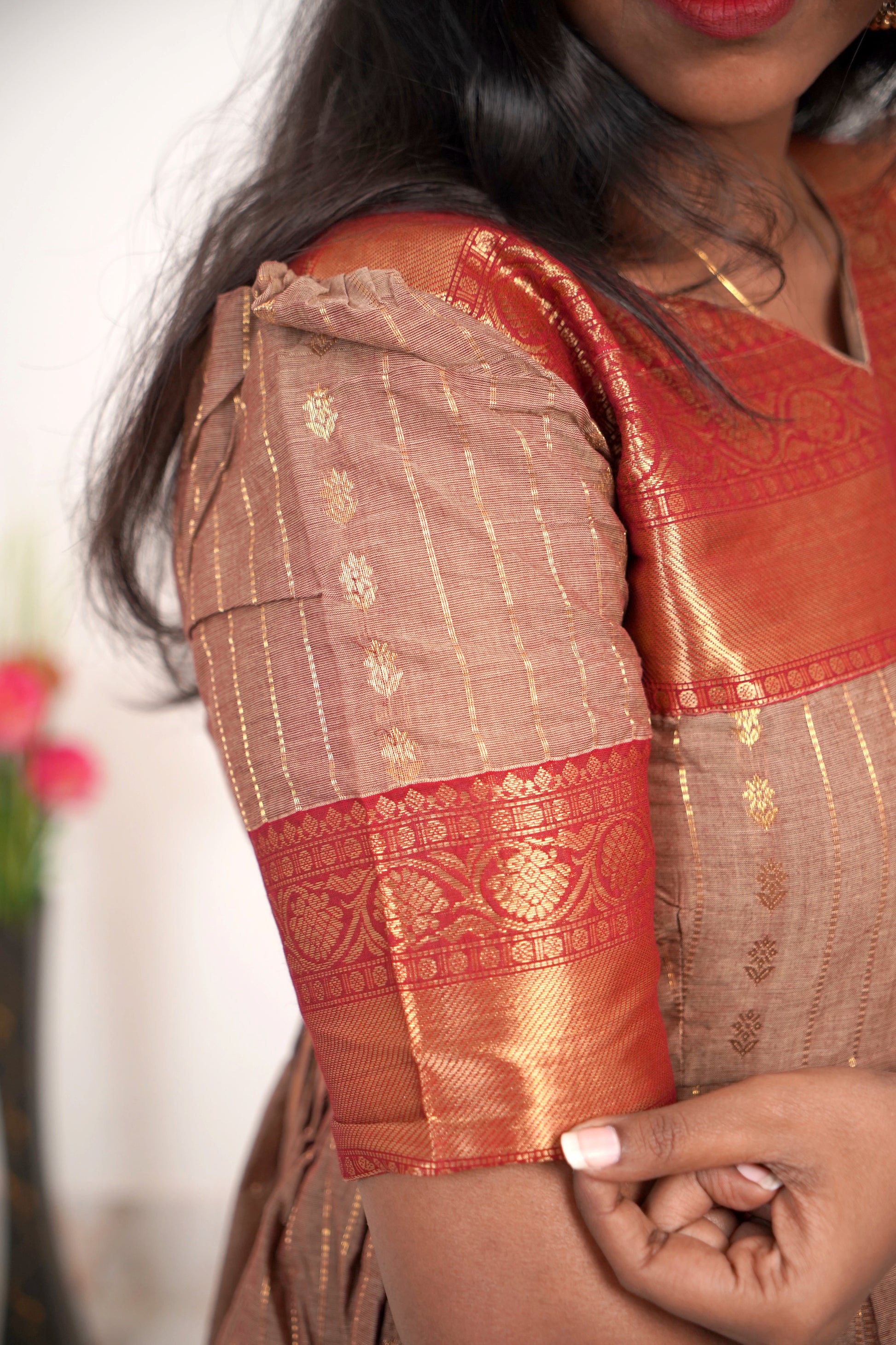 Beige with Red Border Chettinad Cotton Maxi - #NM002
