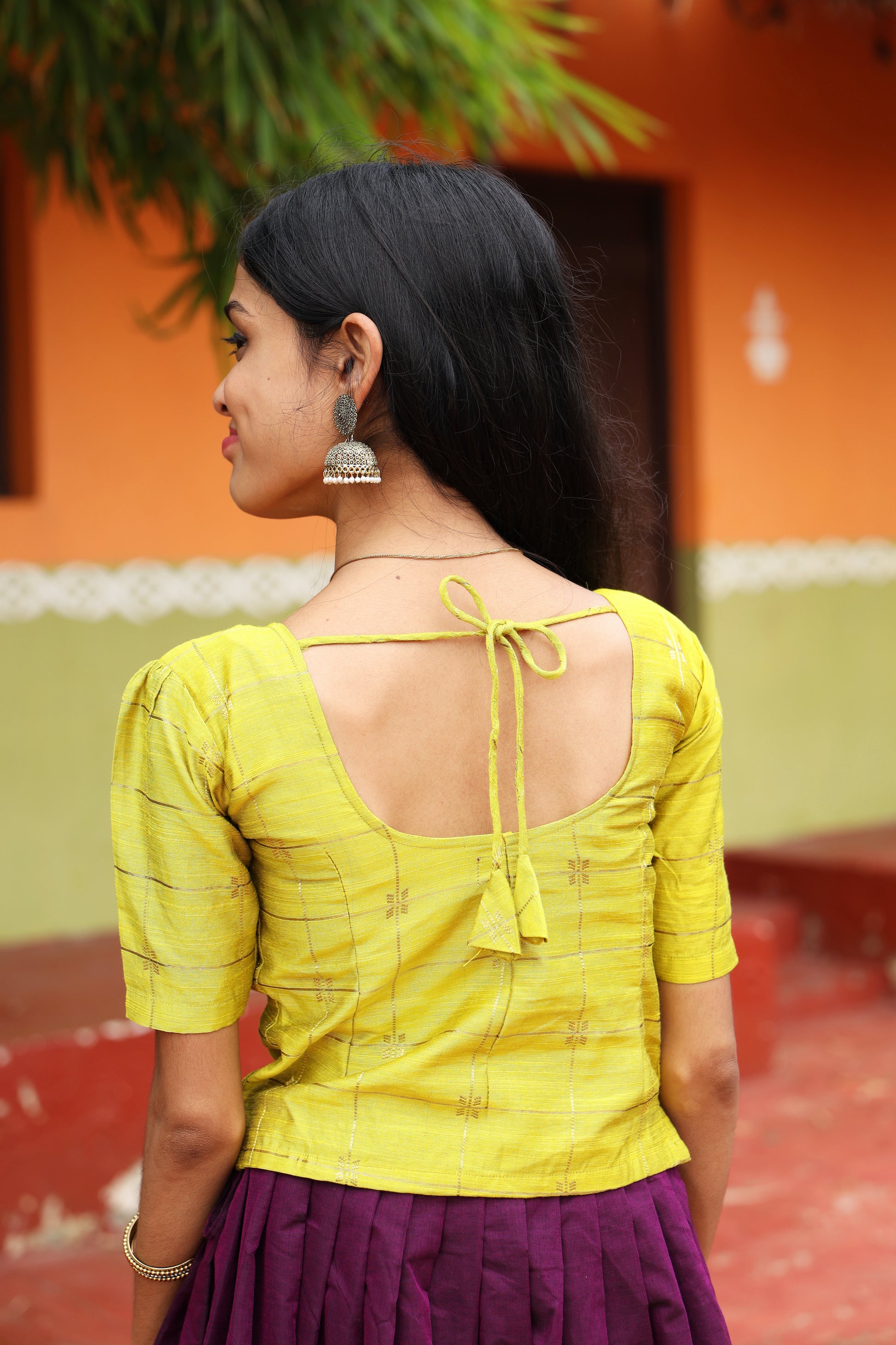 Yellow & Plum - Chettinad Cotton Top & Skirt Set - #NT002