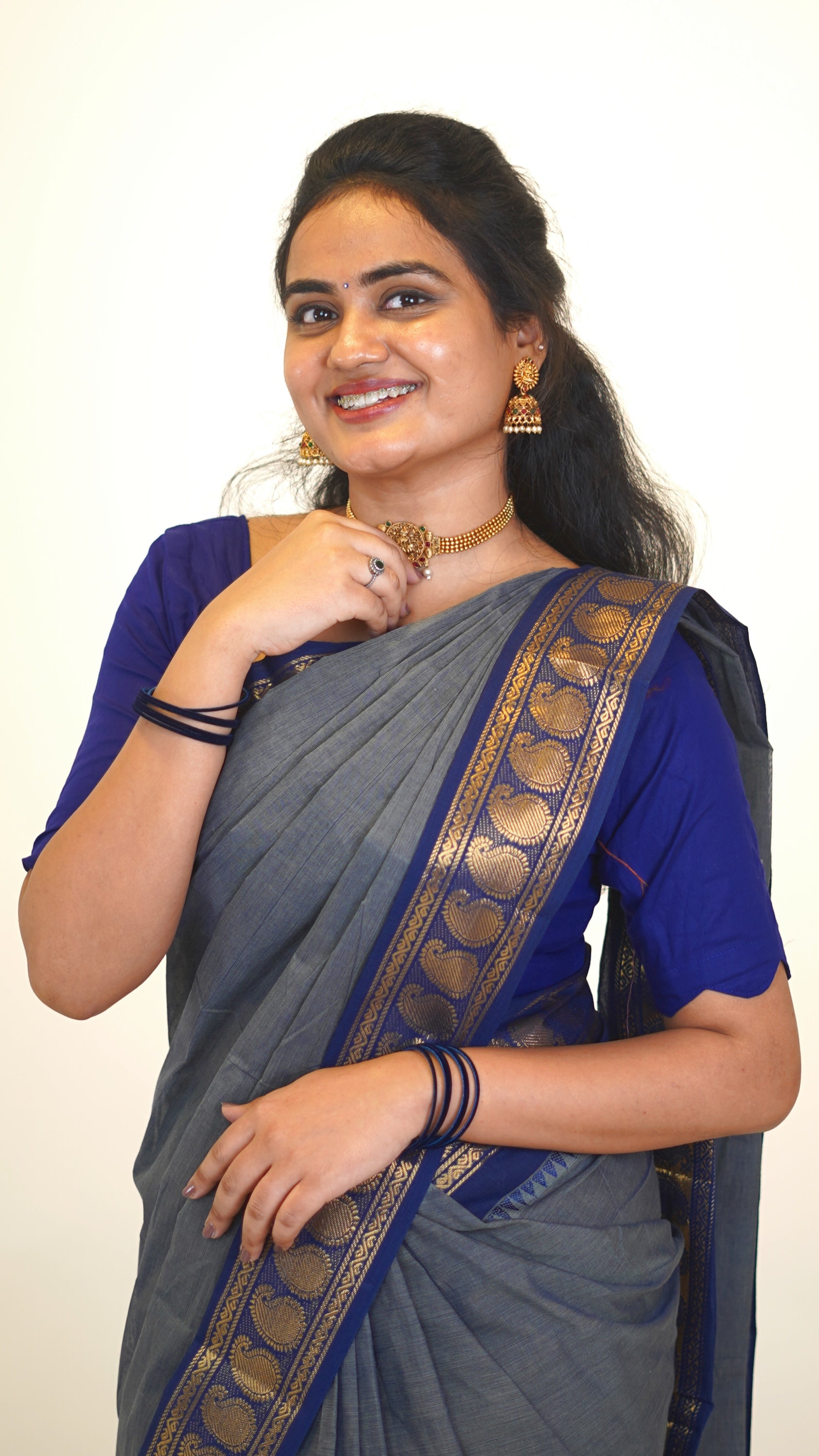 Gray with Navy Blue Border Chettinad Cotton Saree-#NS034