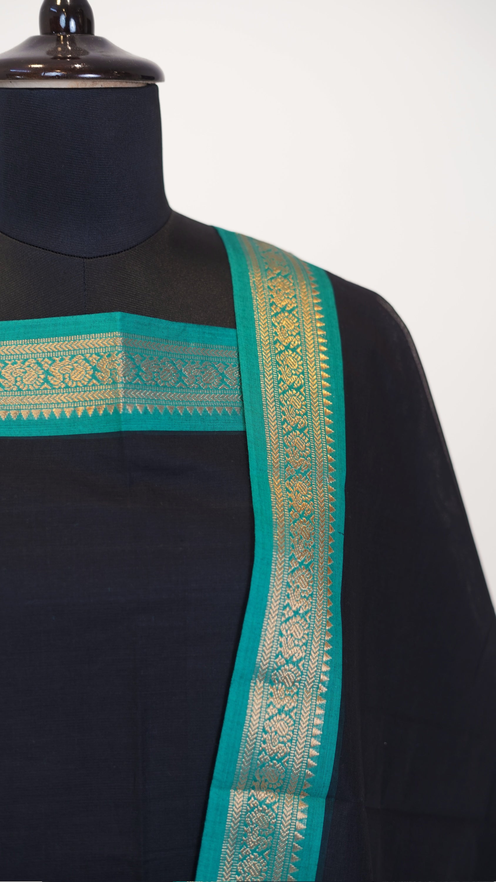 Black with Teal Green Border Chettinad Cotton Unstitched Salwar Suit - #NC117
