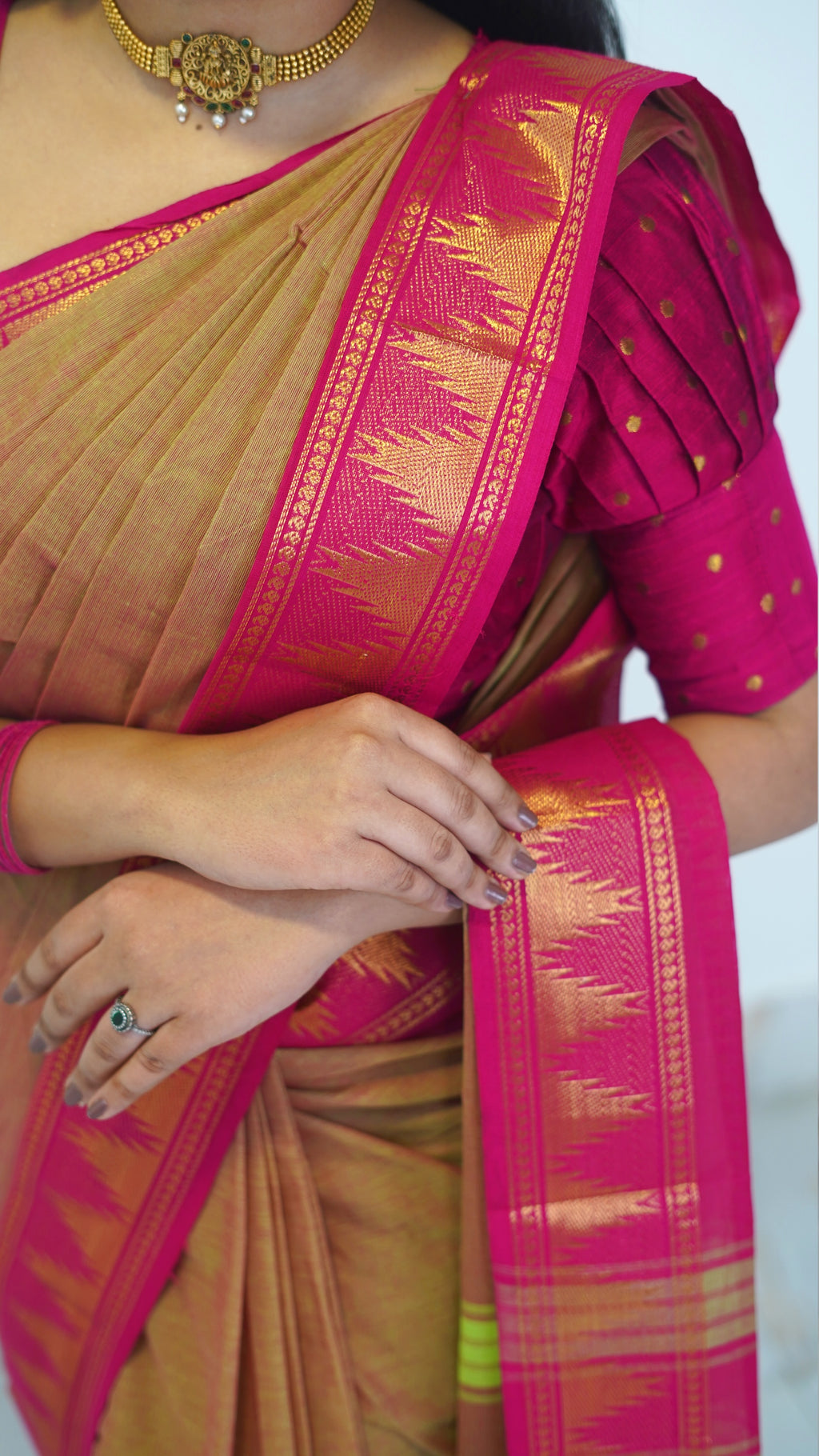 Reddish Green with Pink Border Chettinad Cotton Saree-#NS027