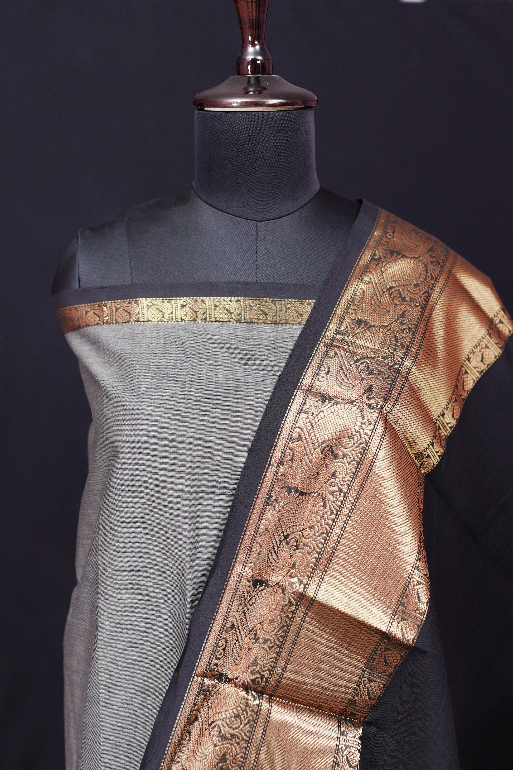 Gray and Black - Chettinad Cotton Unstitched Salwar Suit - #NC030