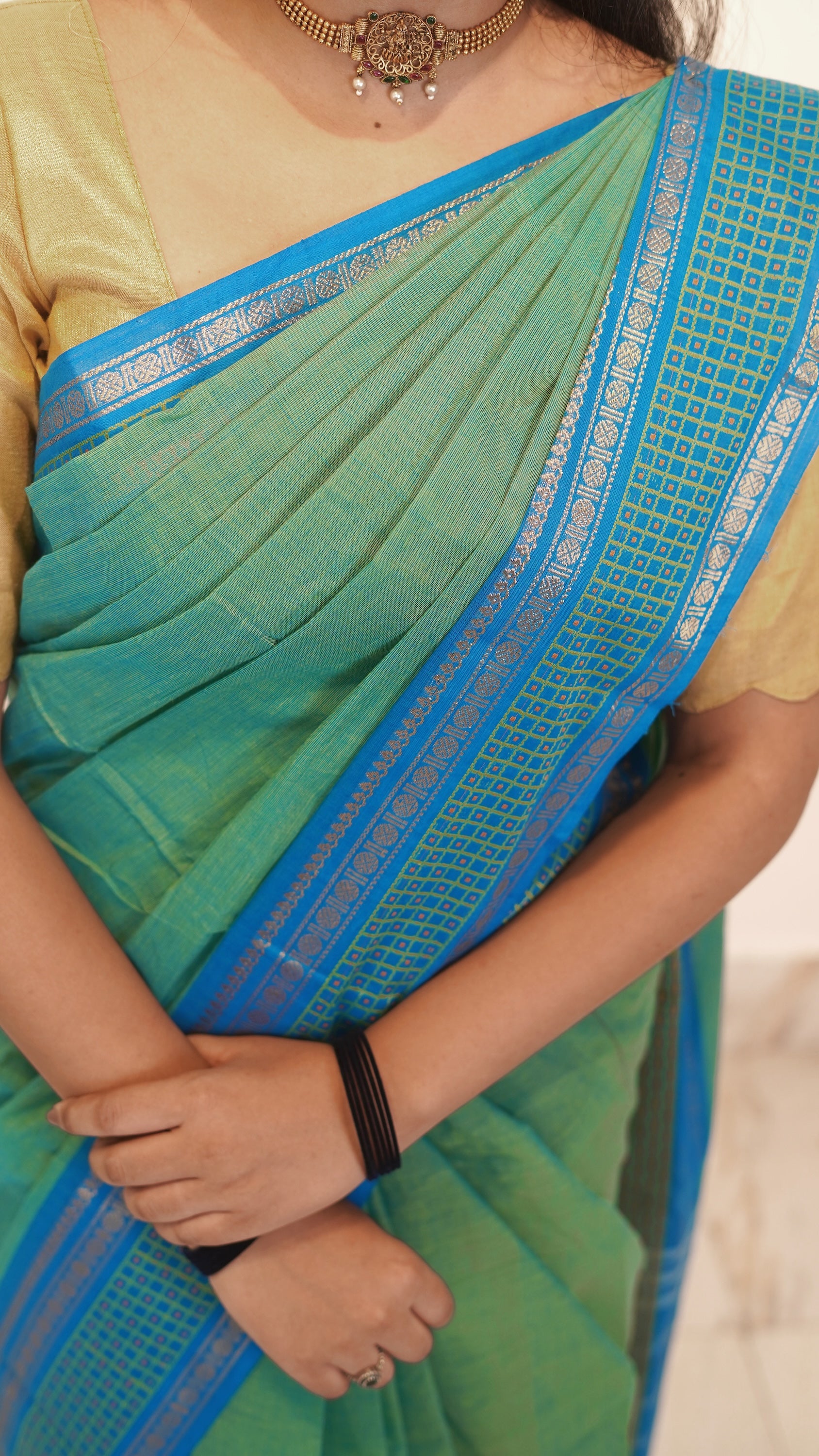 Sea Green with Blue Border Chettinad Cotton Saree-#NS032
