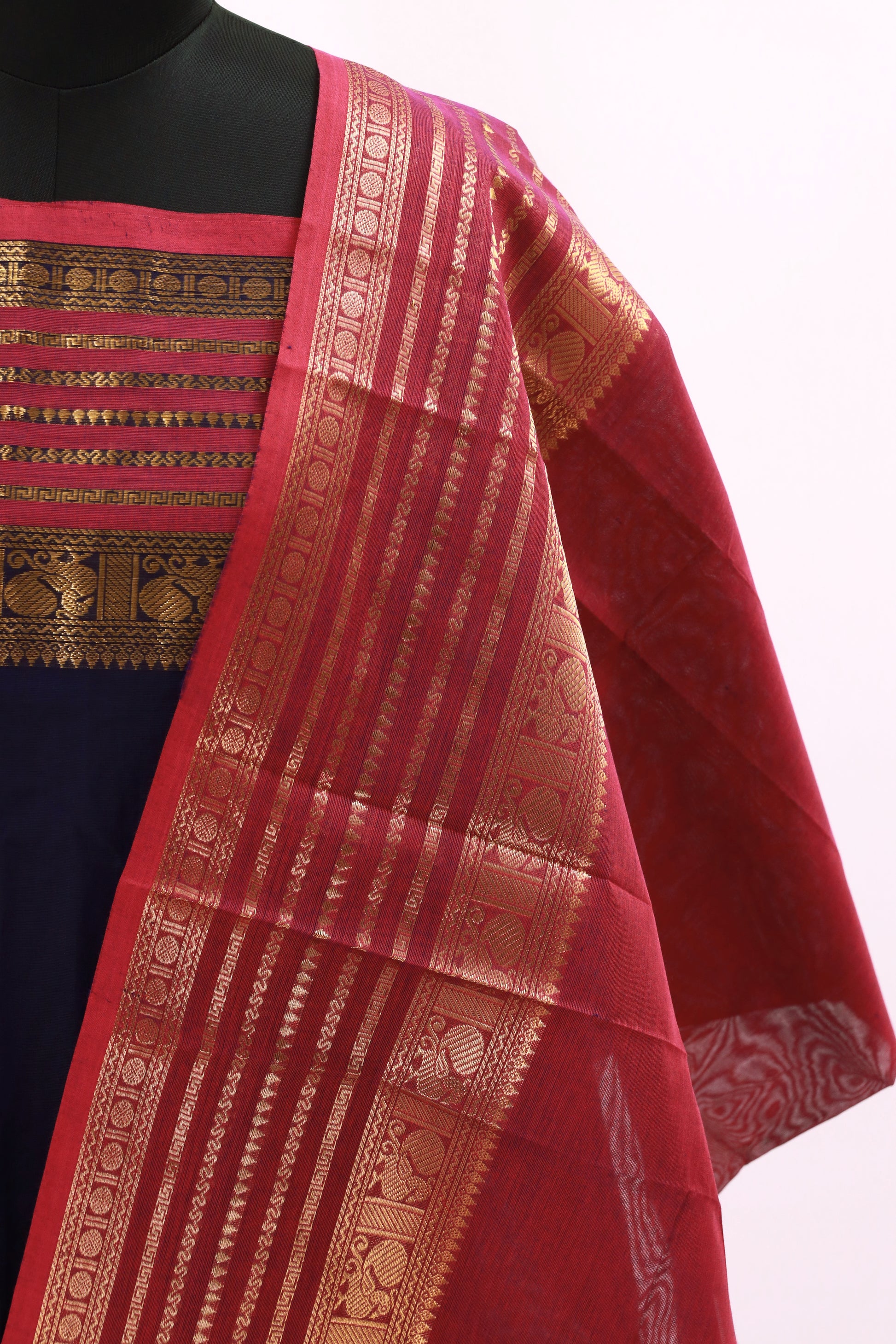 Navy Blue with Pink  Chettinad Cotton Unstitched Salwar Suit - #NC135