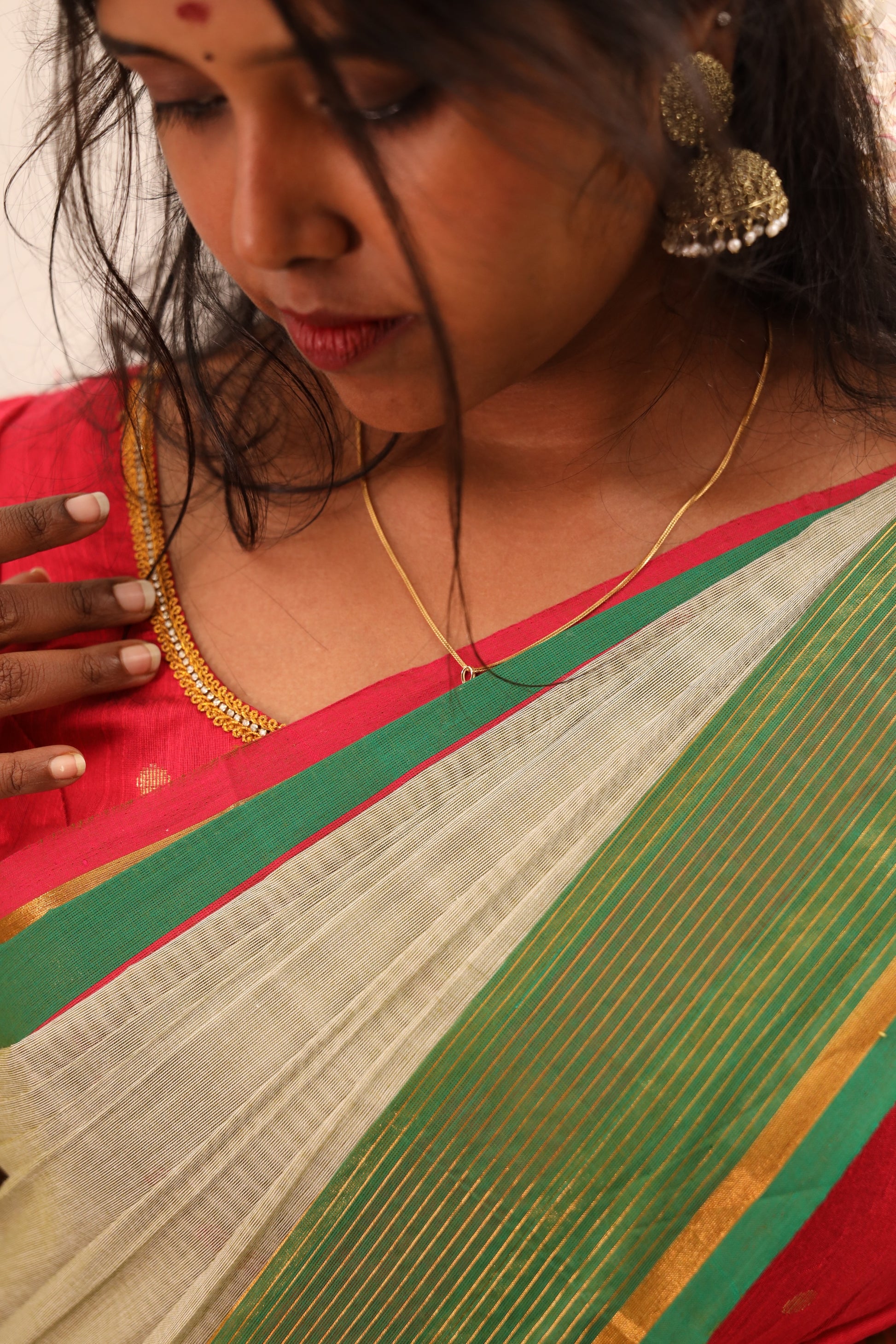 Beige with Green & Pink Border Chettinad Cotton Saree -#NS018