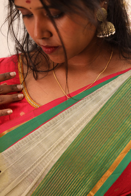 Beige with Green & Pink Border Chettinad Cotton Saree -#NS018