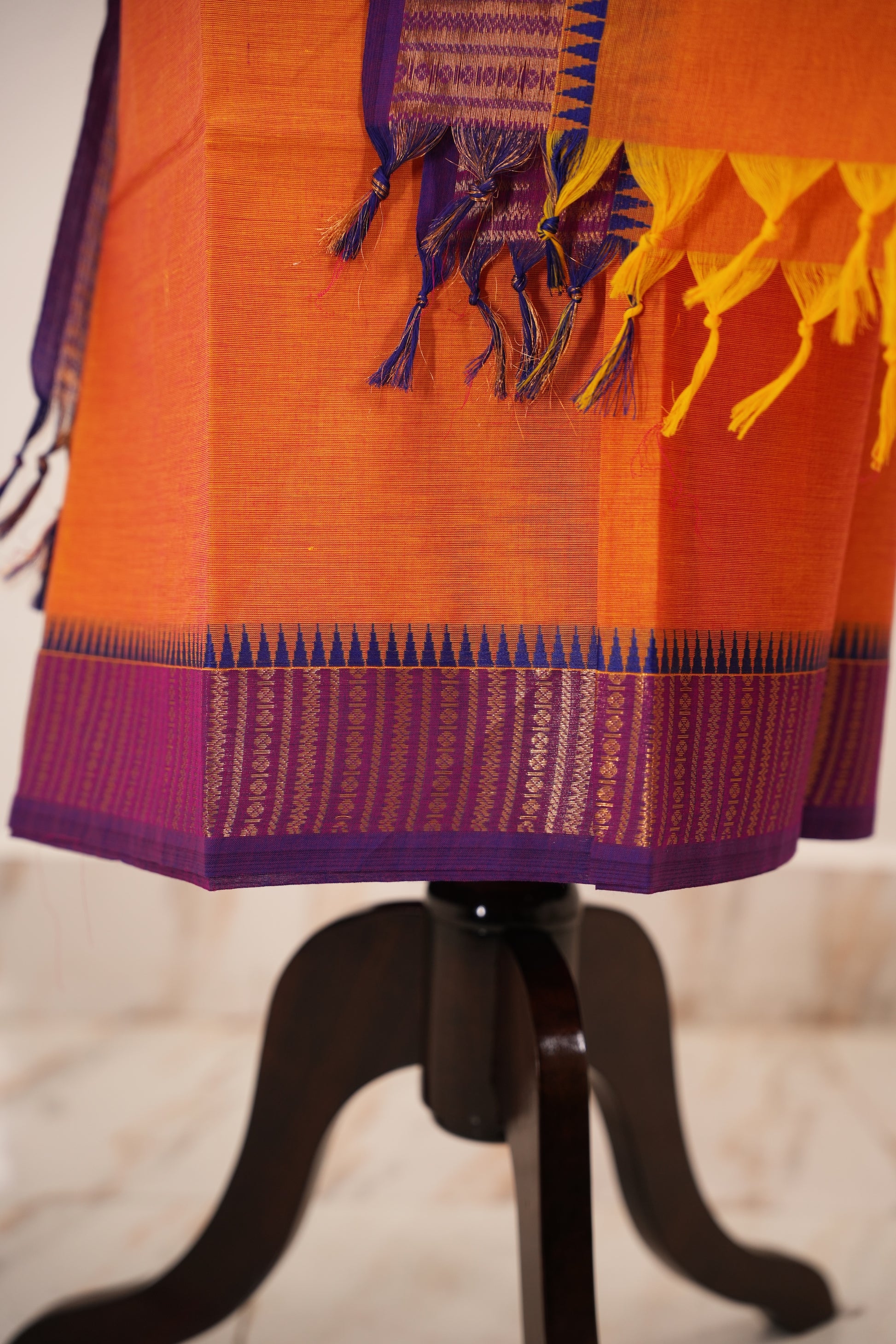 Orange with Purple Border Chettinad Cotton Unstitched Salwar Suit - #NC149