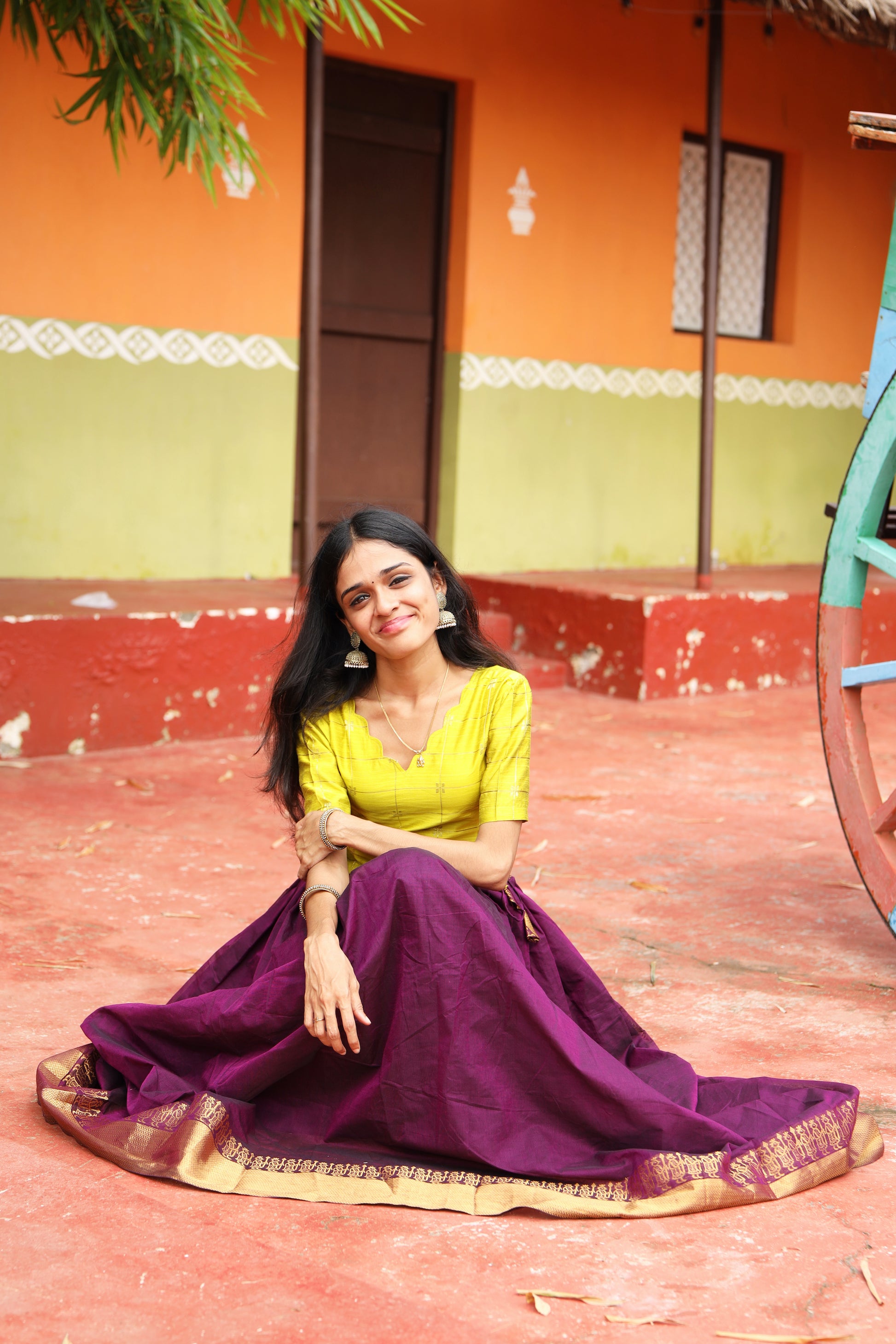 Yellow & Plum - Chettinad Cotton Top & Skirt Set - #NT002