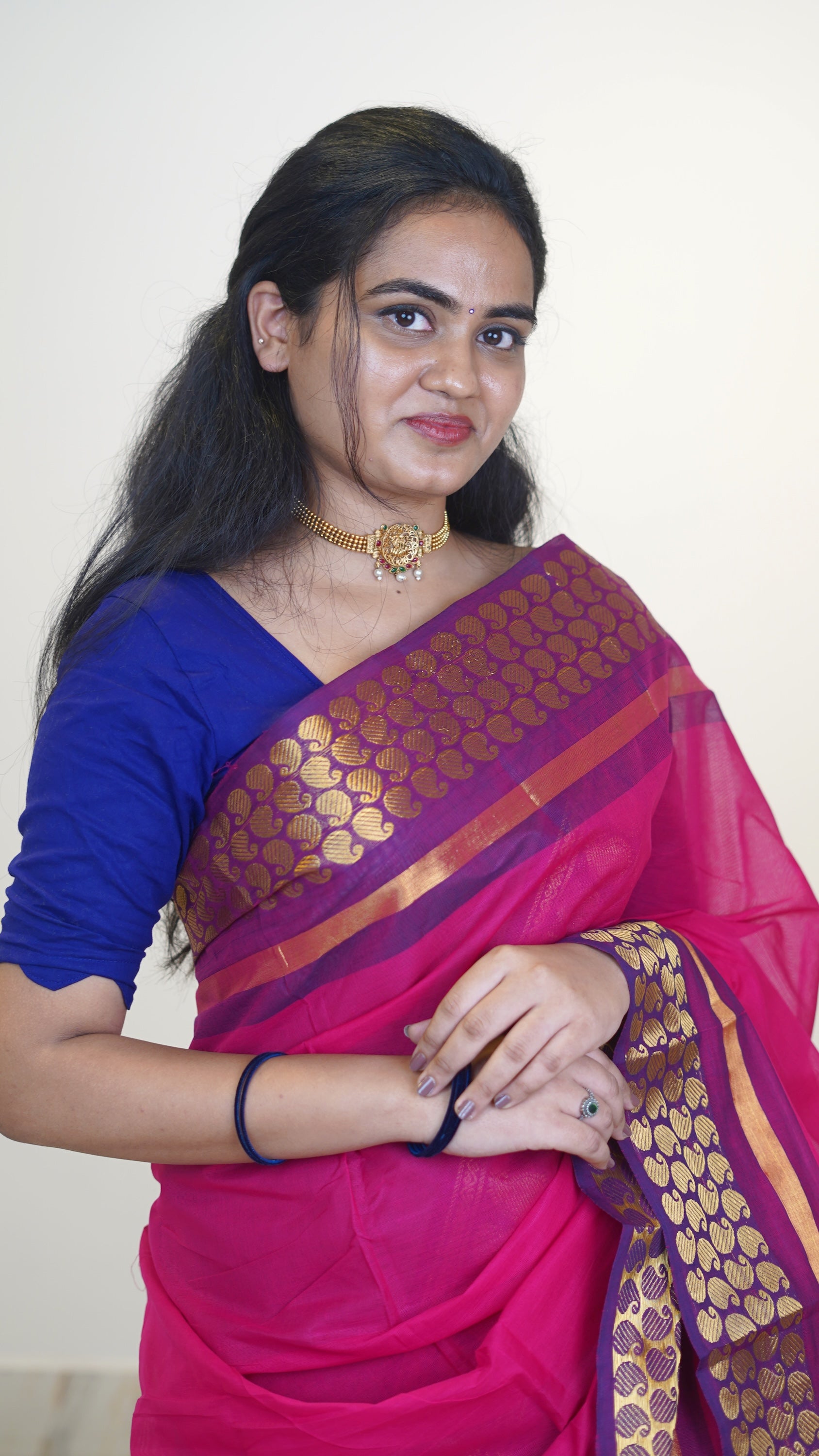 Pink with Golden Border Chettinad Cotton Saree-#NS041