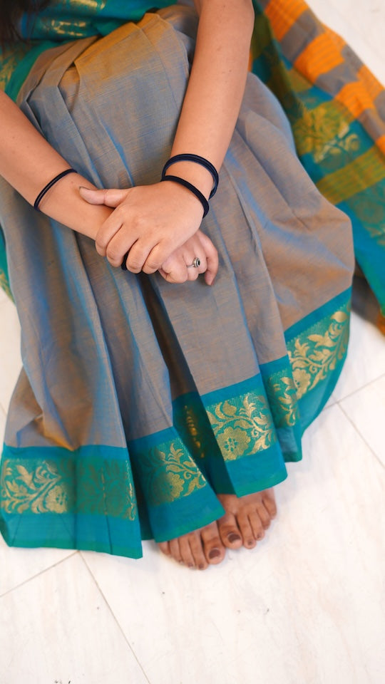 Gray with Teal Green Border Chettinad Cotton Saree-#NS031