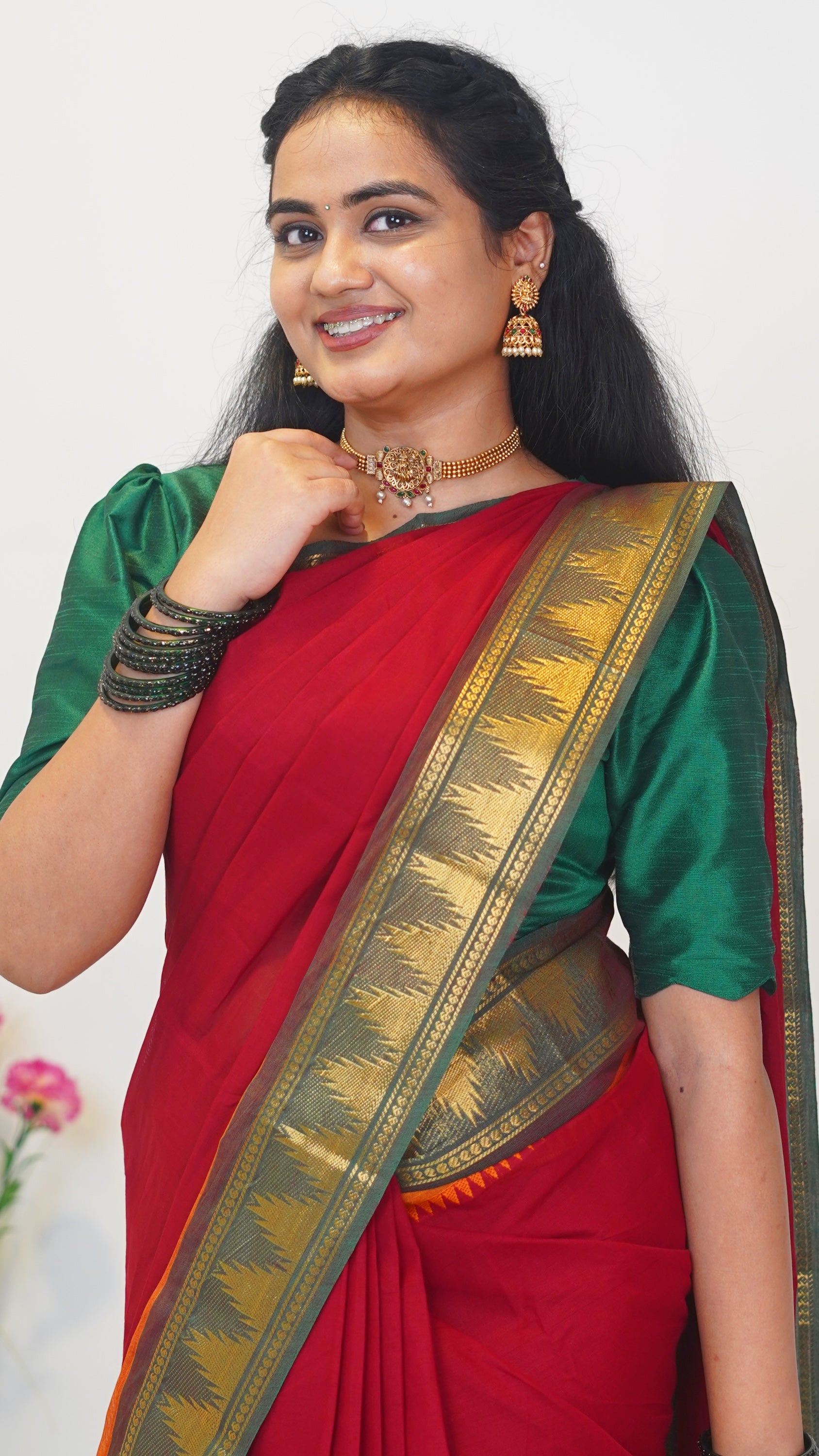Red with Green Border Chettinad Cotton Saree-#NS026