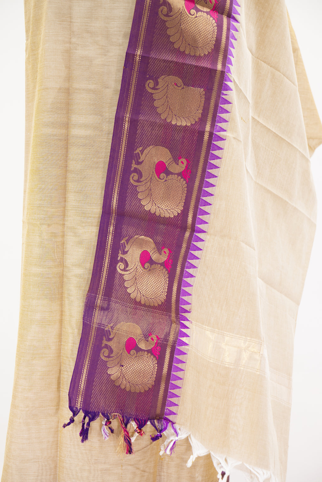 Beige with Purple border Chettinad Cotton Unstitched Salwar Suit - #NC041