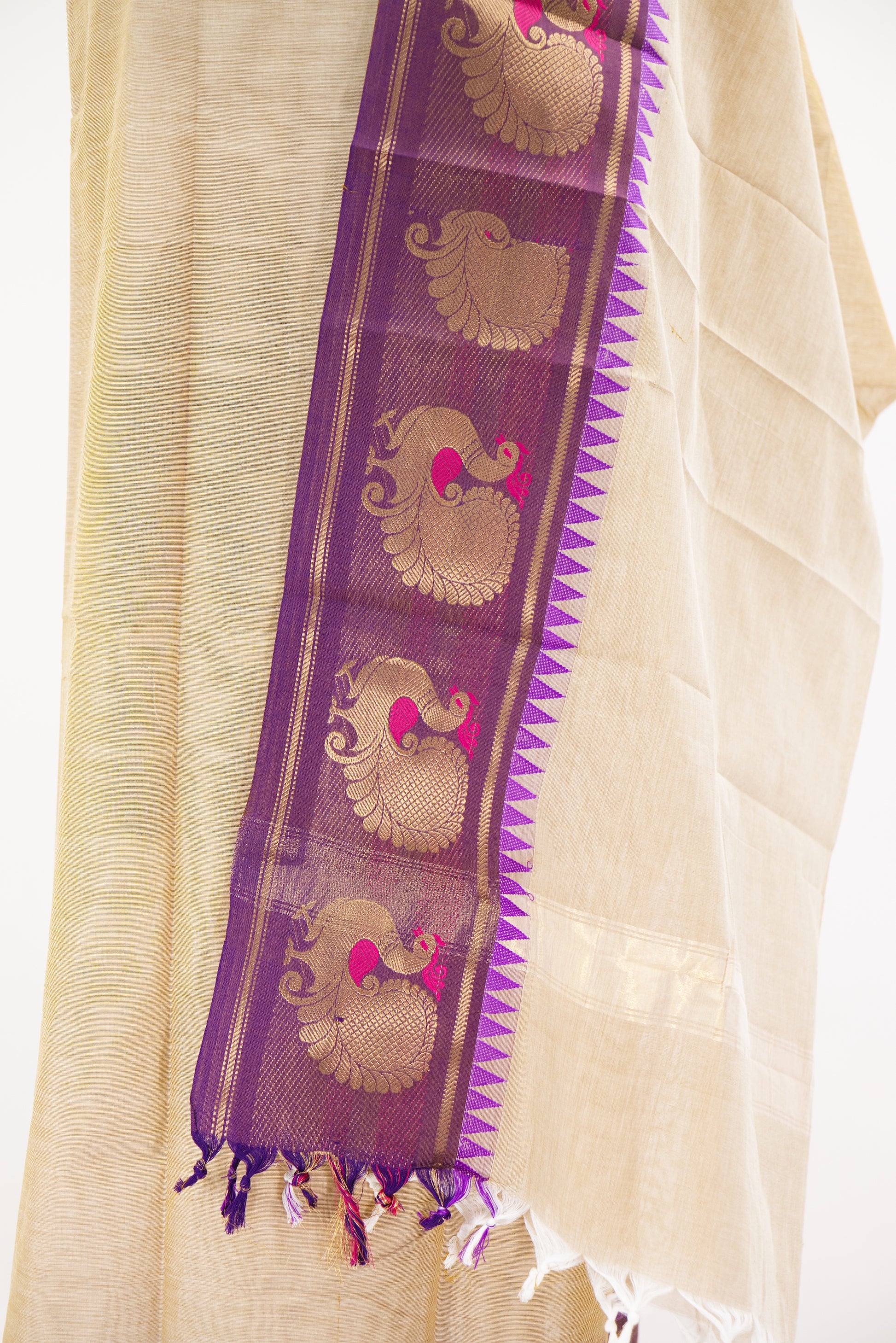 Beige with Purple border Chettinad Cotton Unstitched Salwar Suit - #NC041
