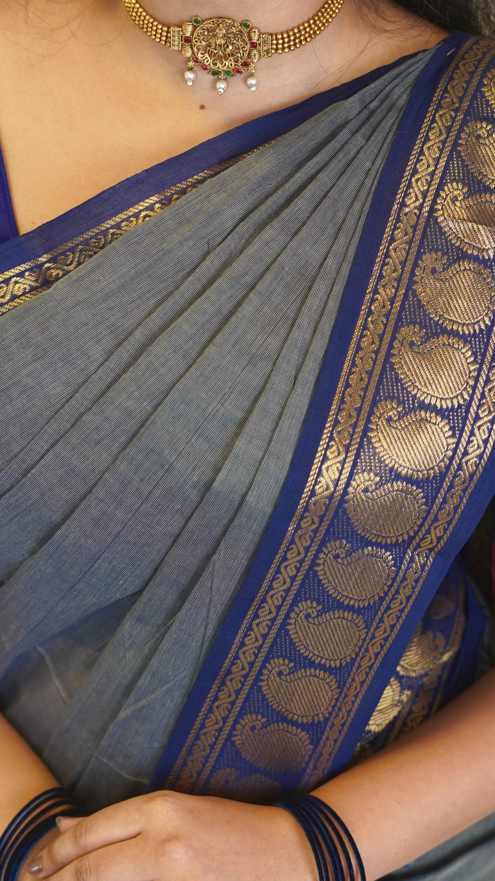 Gray with Navy Blue Border Chettinad Cotton Saree-#NS034