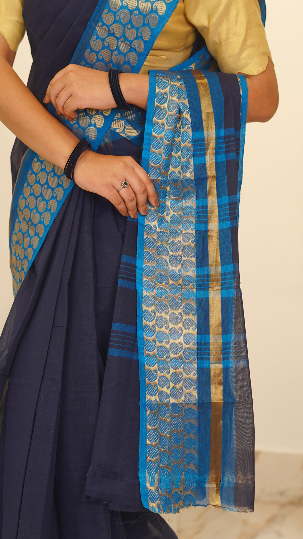 Dark Blue with Golden Manga Border Chettinad Cotton Saree-#NS029