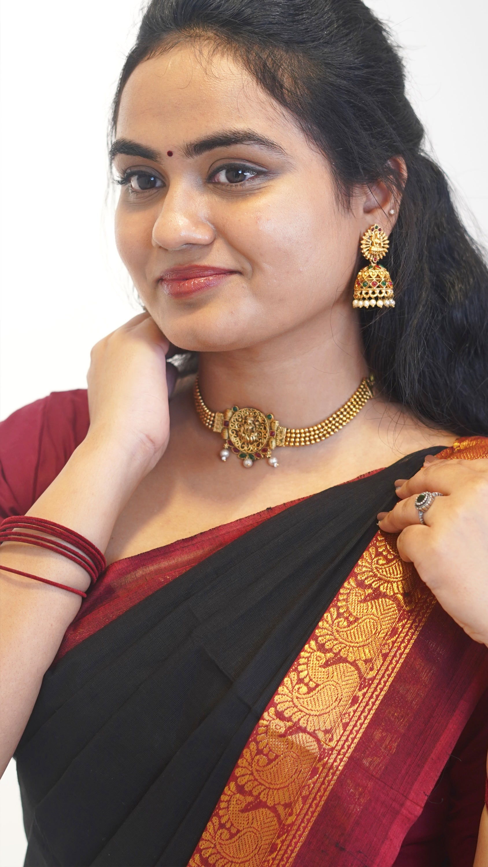 Black with Red Border Chettinad Cotton Saree-#NS030
