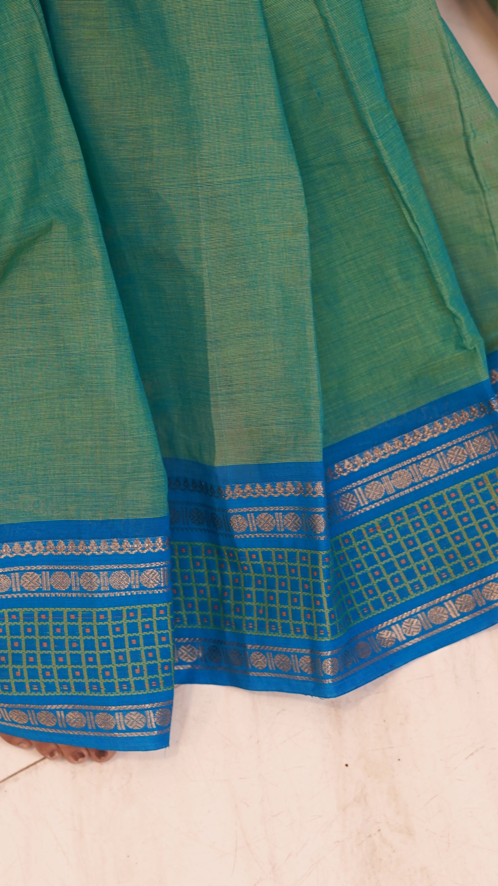 Sea Green with Blue Border Chettinad Cotton Saree-#NS032