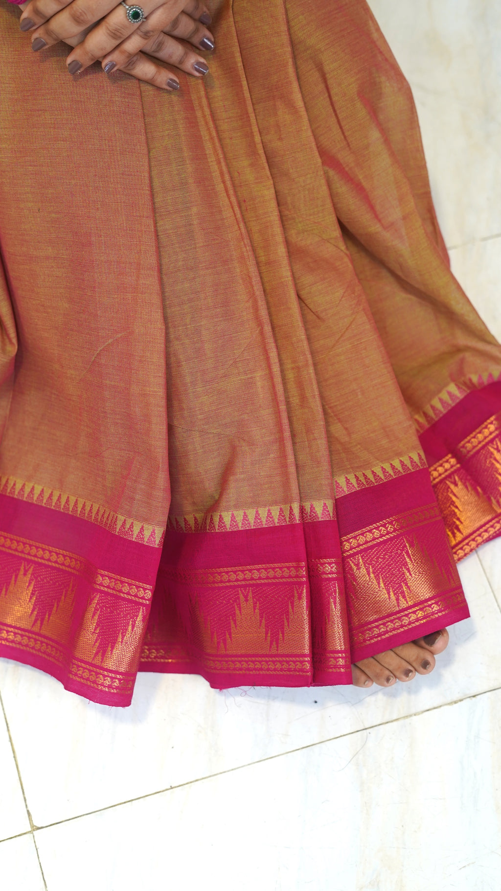 Reddish Green with Pink Border Chettinad Cotton Saree-#NS027
