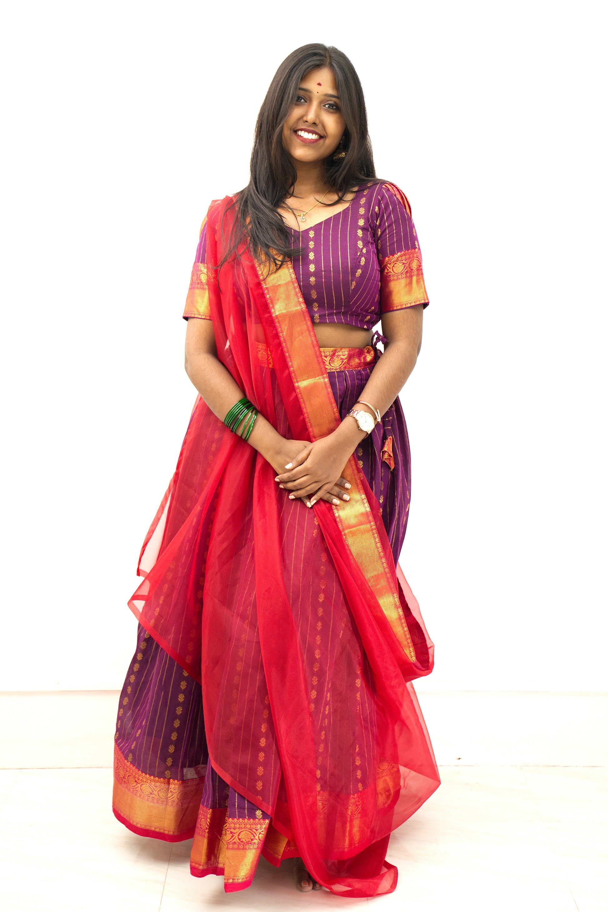 Deep Purple & Cherry Red - Chettinad Cotton Half Saree - NH002
