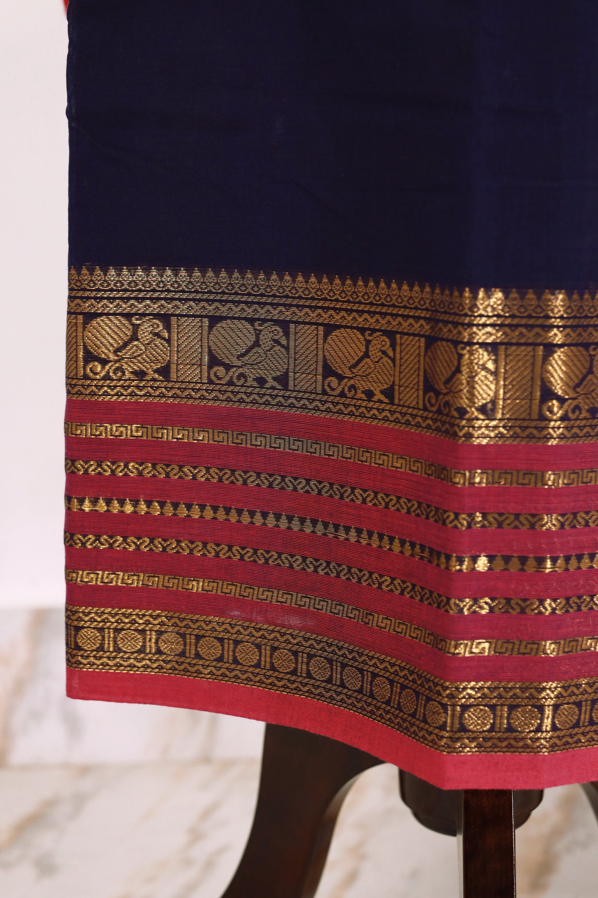 Navy Blue with Pink  Chettinad Cotton Unstitched Salwar Suit - #NC135