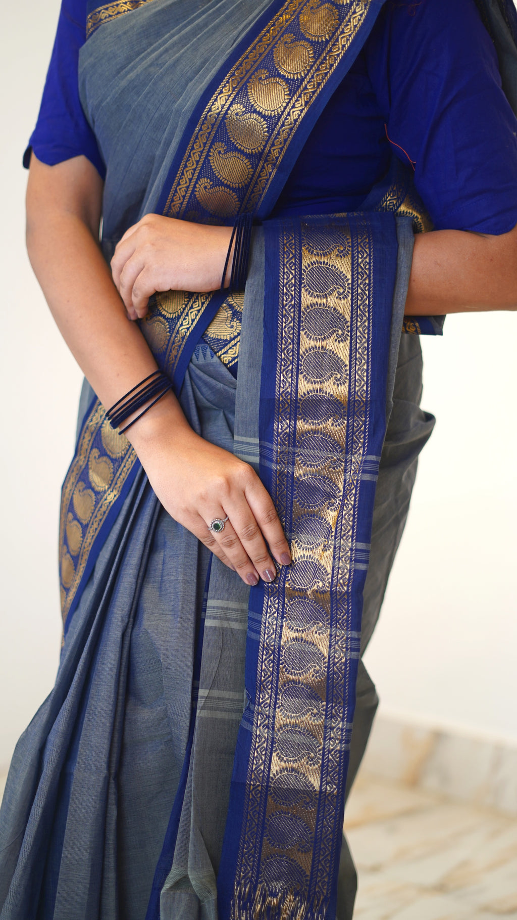 Gray with Navy Blue Border Chettinad Cotton Saree-#NS034