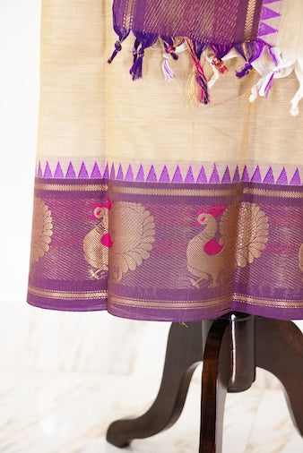 Beige with Purple border Chettinad Cotton Unstitched Salwar Suit - #NC041