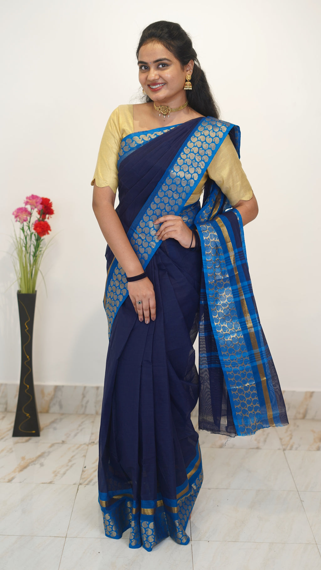 Dark Blue with Golden Manga Border Chettinad Cotton Saree-#NS029
