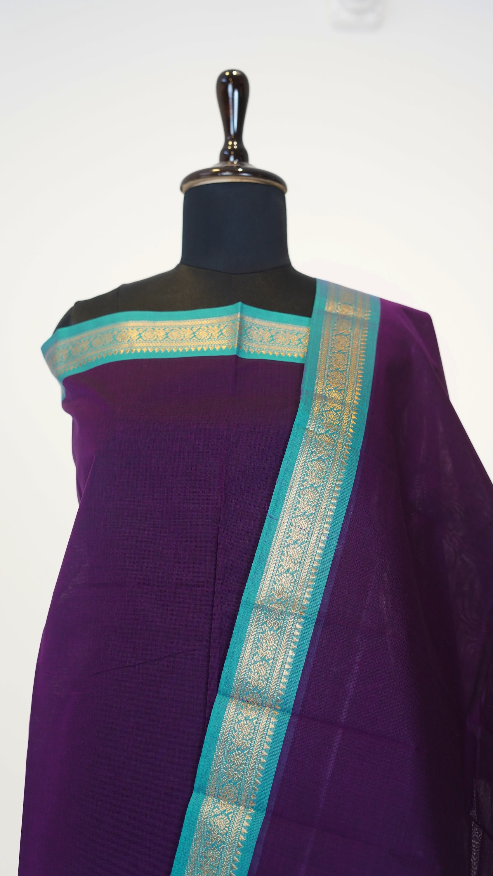Dark Purple with Teal Green Border Chettinad Cotton Unstitched Salwar Suit - #NC121