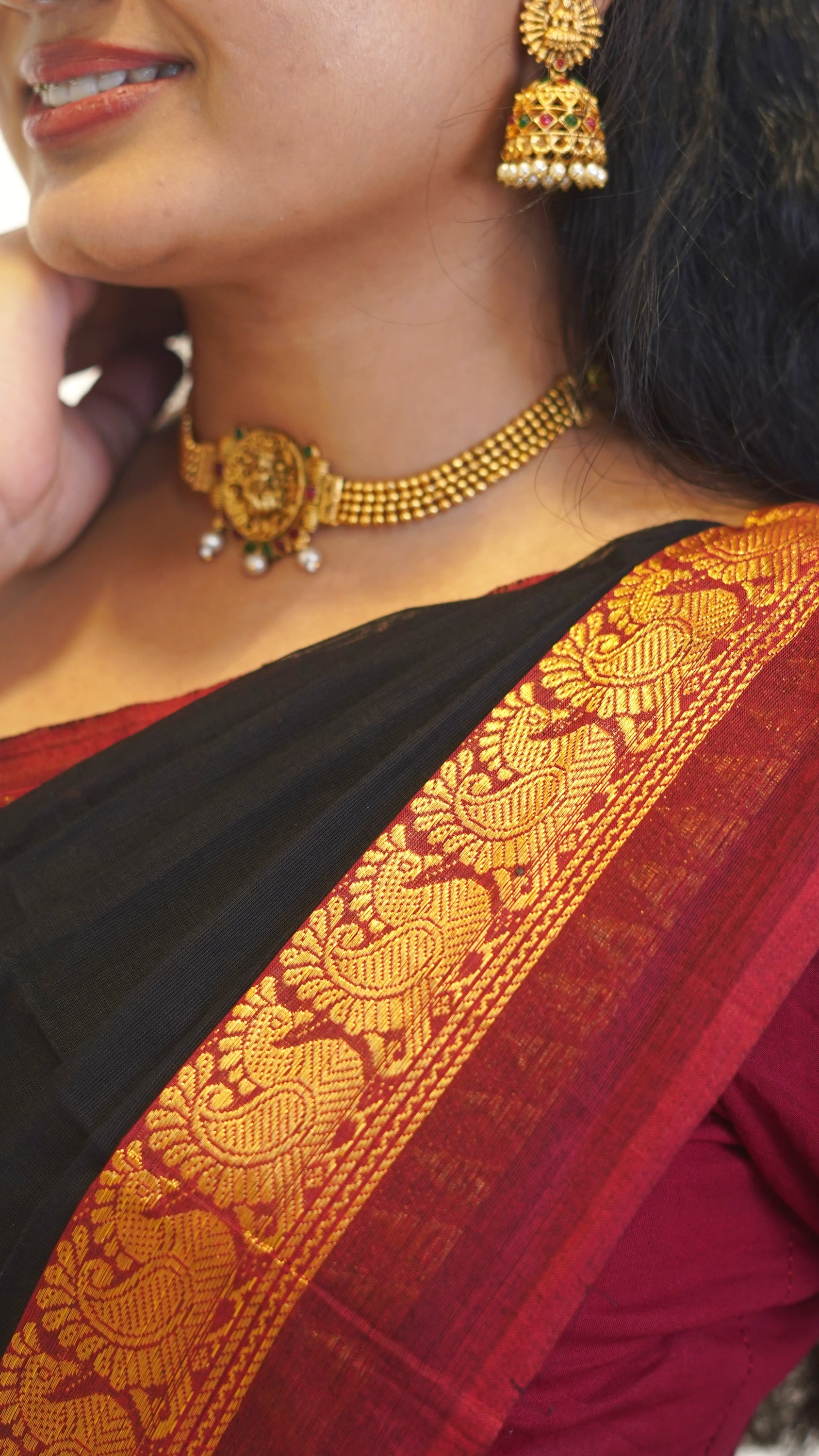 Black with Red Border Chettinad Cotton Saree-#NS030