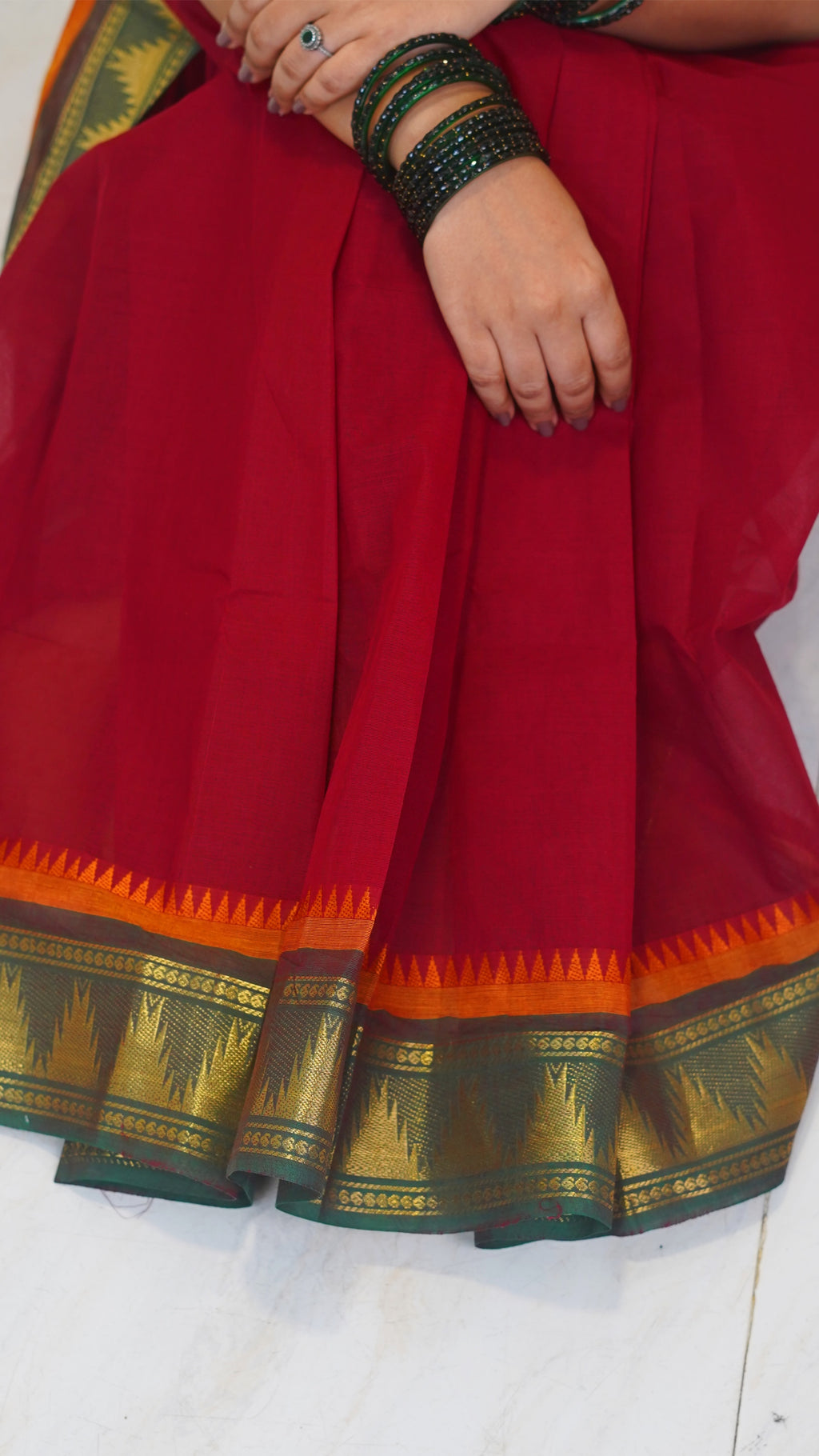 Red with Green Border Chettinad Cotton Saree-#NS026