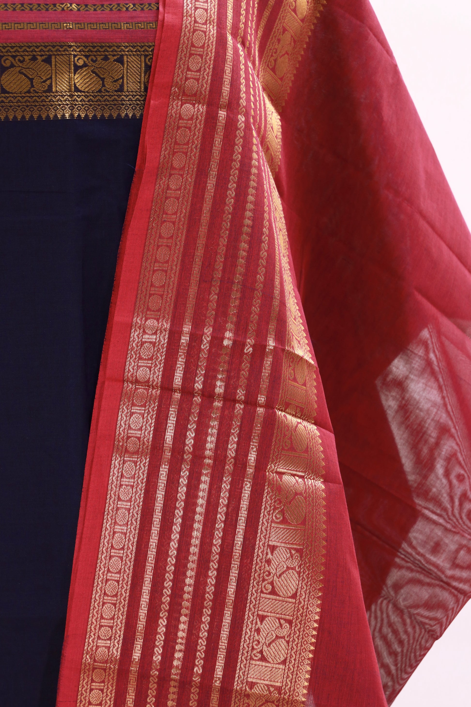 Navy Blue with Pink  Chettinad Cotton Unstitched Salwar Suit - #NC135