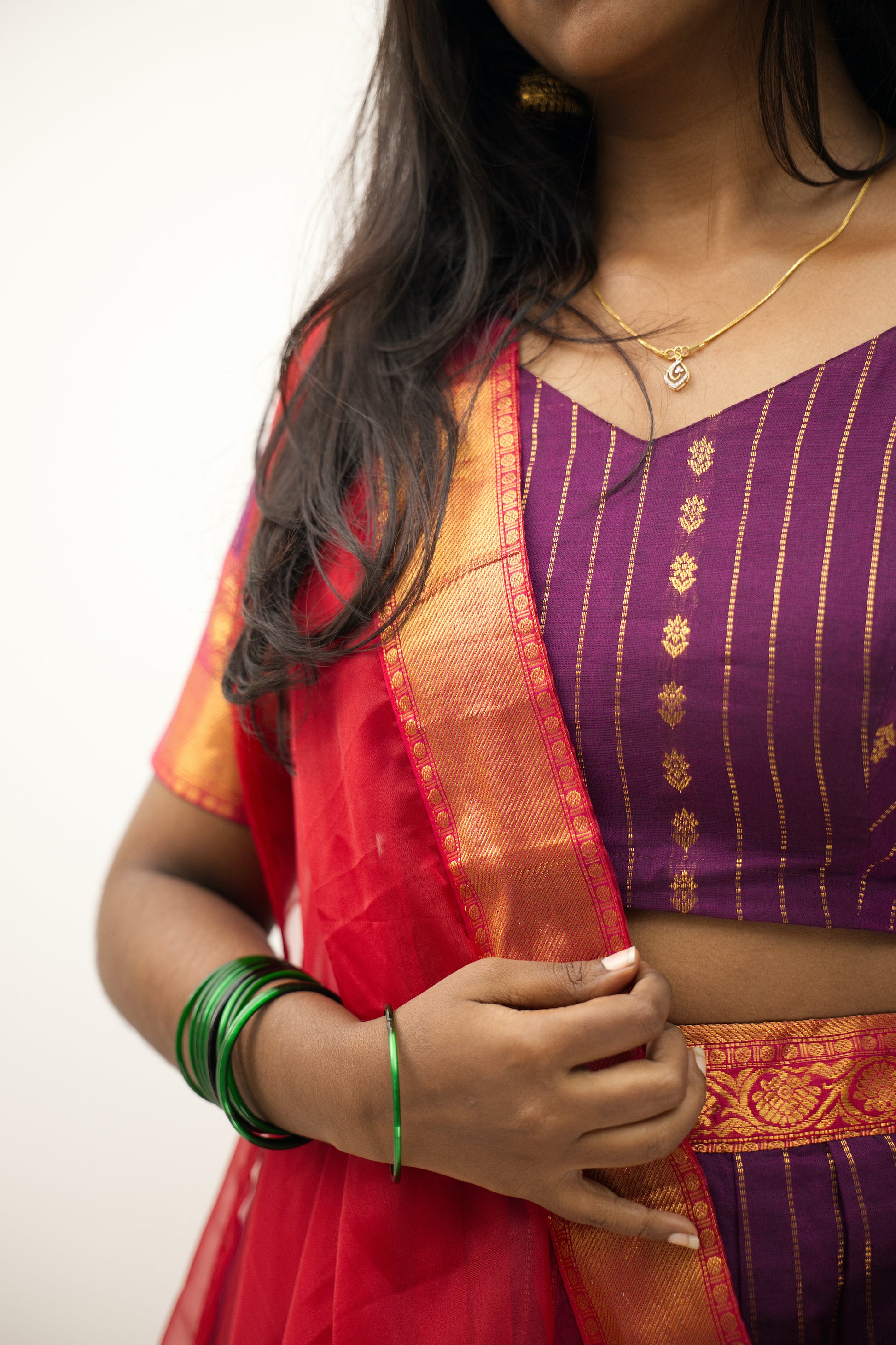 Deep Purple & Cherry Red - Chettinad Cotton Half Saree - NH002