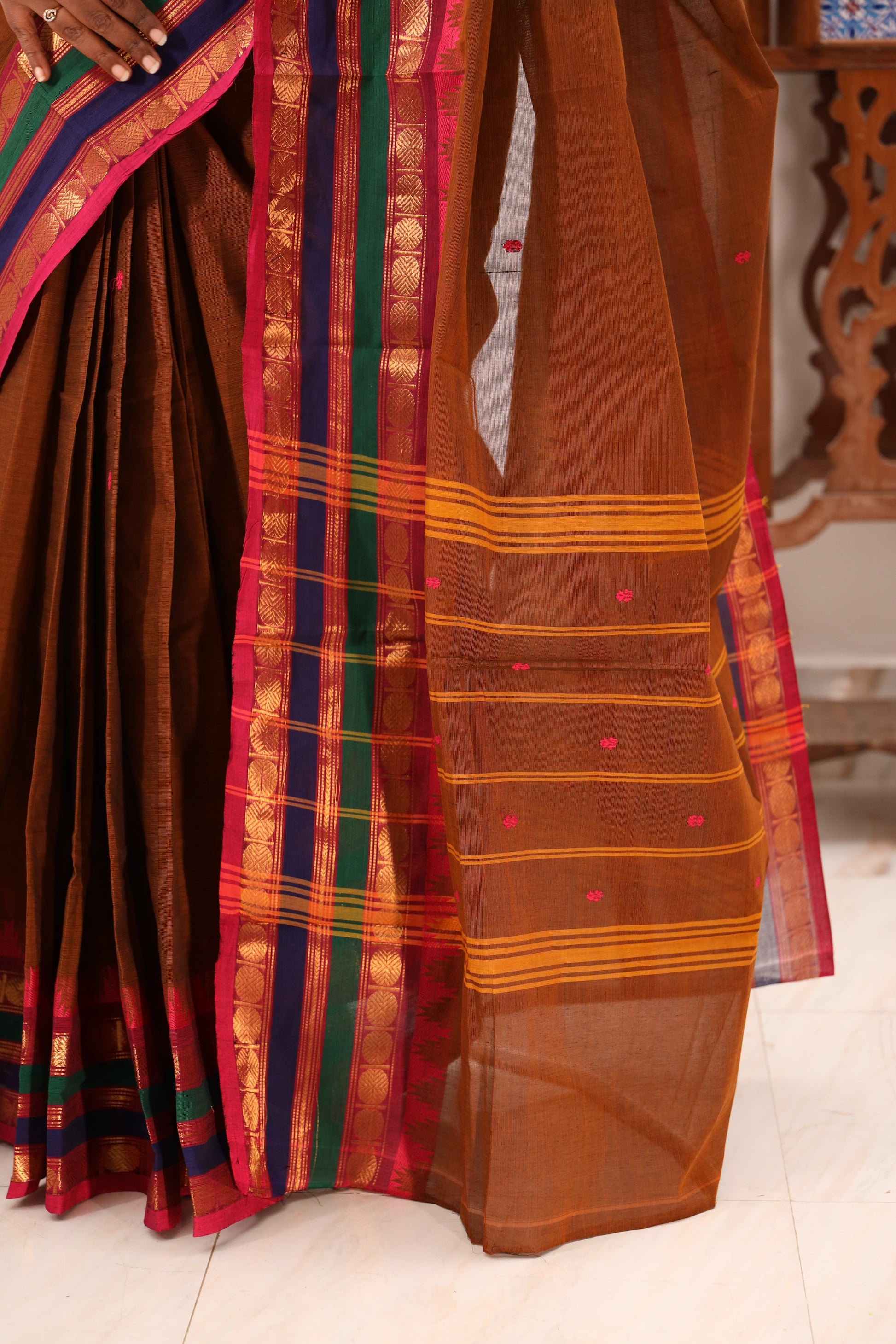 Mustard with Multi color Border Chettinad Cotton Saree -#NS021